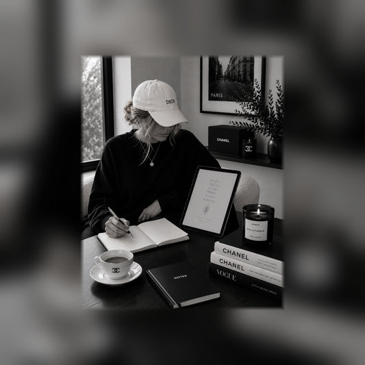 Beautifully Unfinished Guided Journal on a tablet — black and white lifestyle mockup 1, full-bleed square