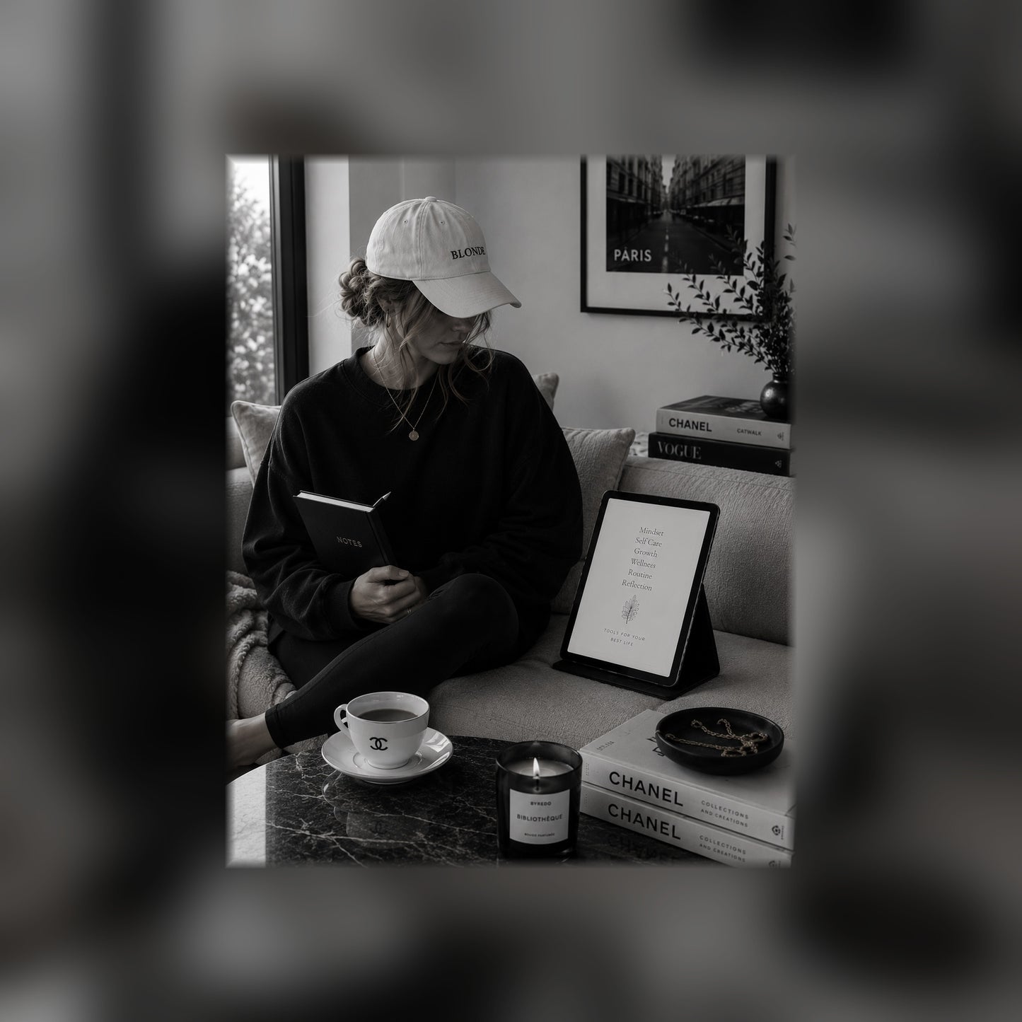 The Foundation Collection 10 essential guides on a tablet — black and white lifestyle mockup, full-bleed square