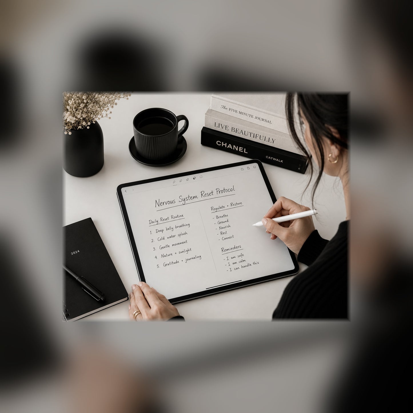 The Nervous System Reset guide on a tablet — black and white desk lifestyle mockup, full-bleed square