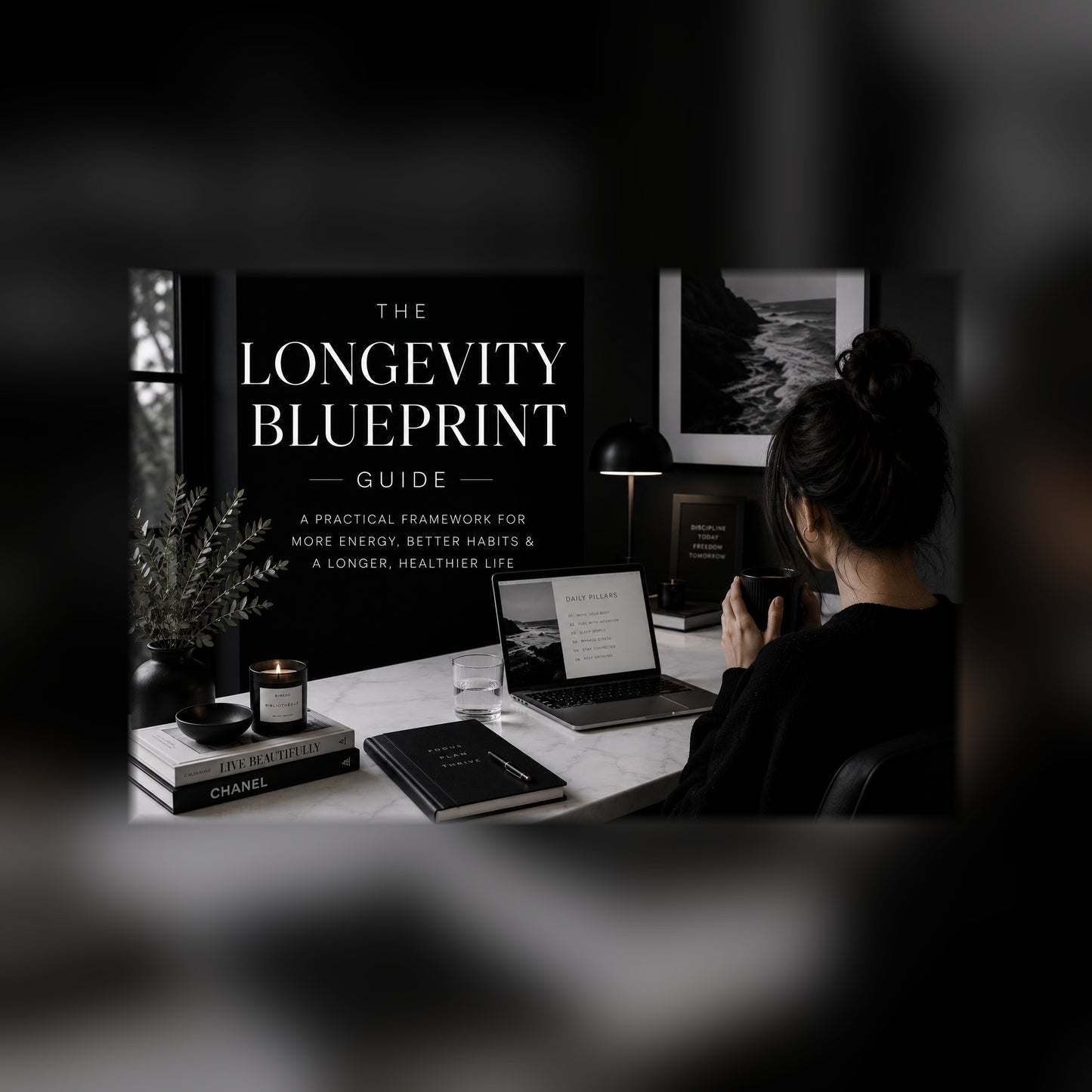 The Longevity Blueprint science-backed longevity guide on a tablet — black and white lifestyle mockup, full-bleed square