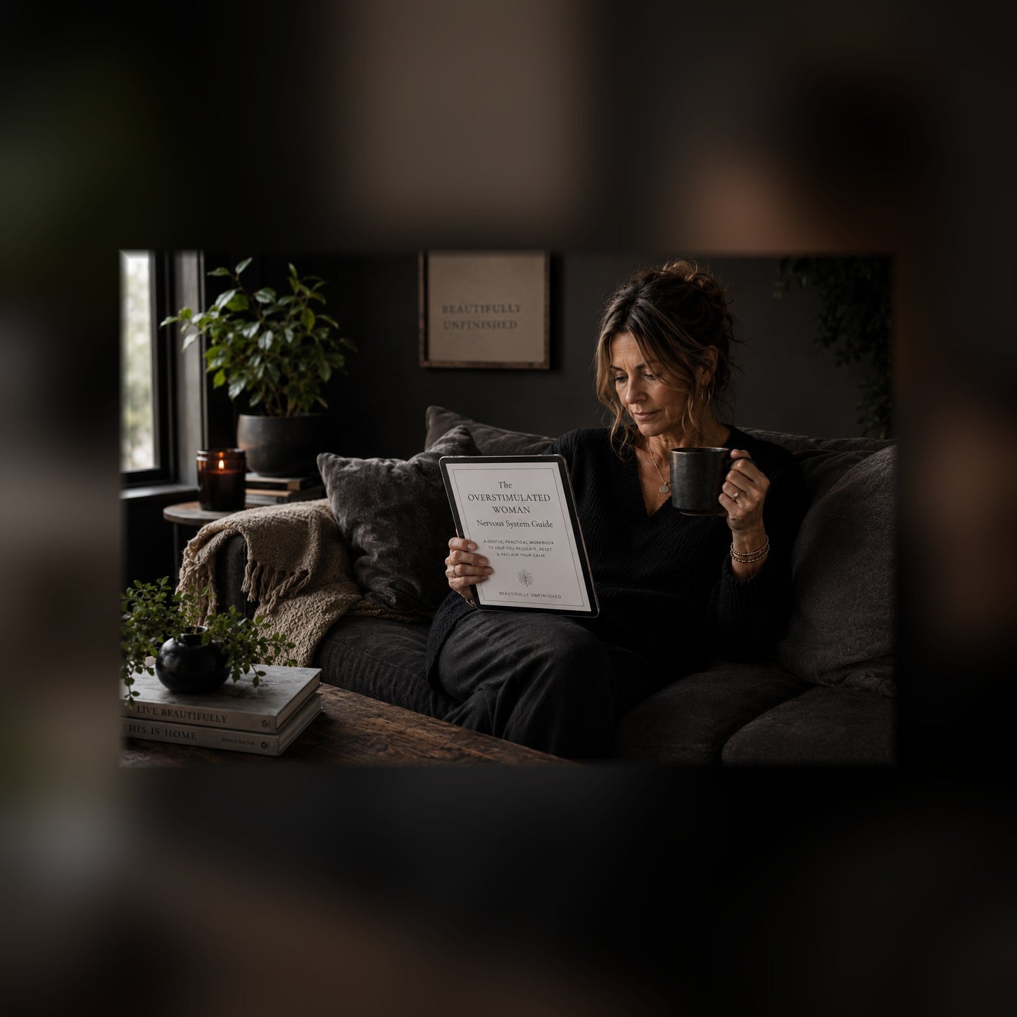 The Overstimulated Woman nervous system guide on a tablet — black and white lifestyle mockup 3, full-bleed square