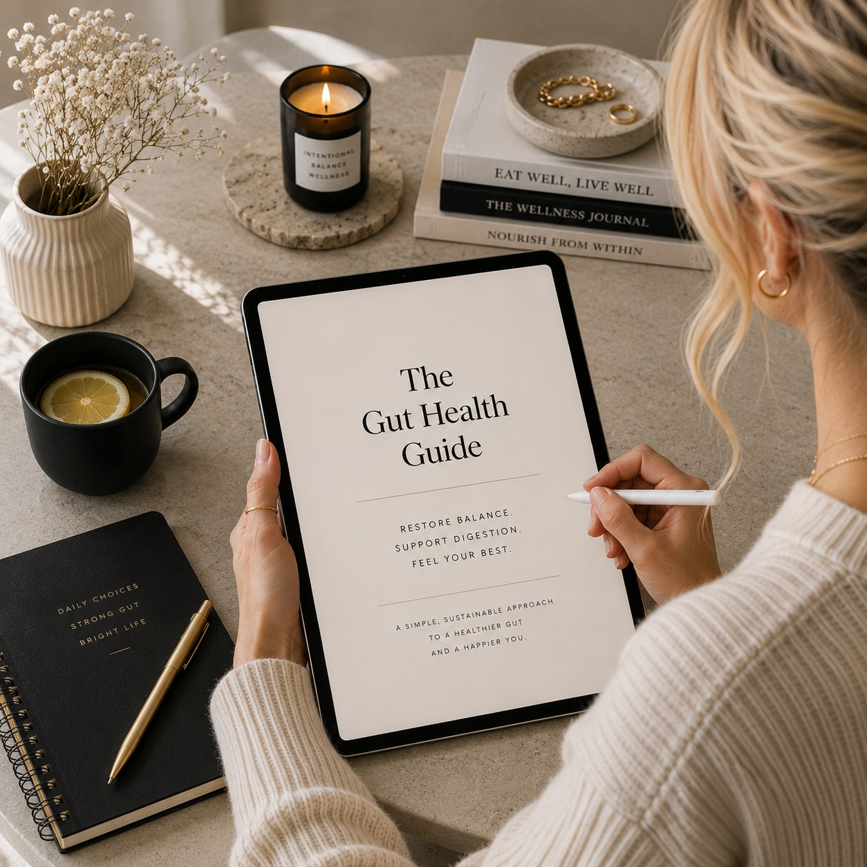 The Gut Health Guide digital download styled with coffee and journal — black and white mockup 3