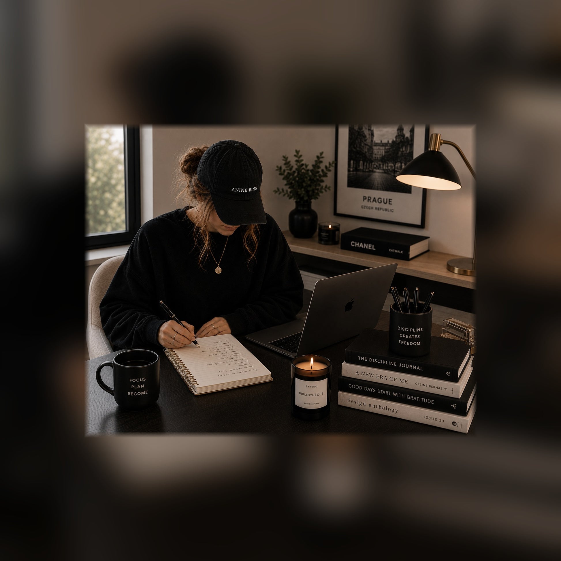 The Becoming Bundle guides on a tablet — desk black and white lifestyle mockup, full-bleed square