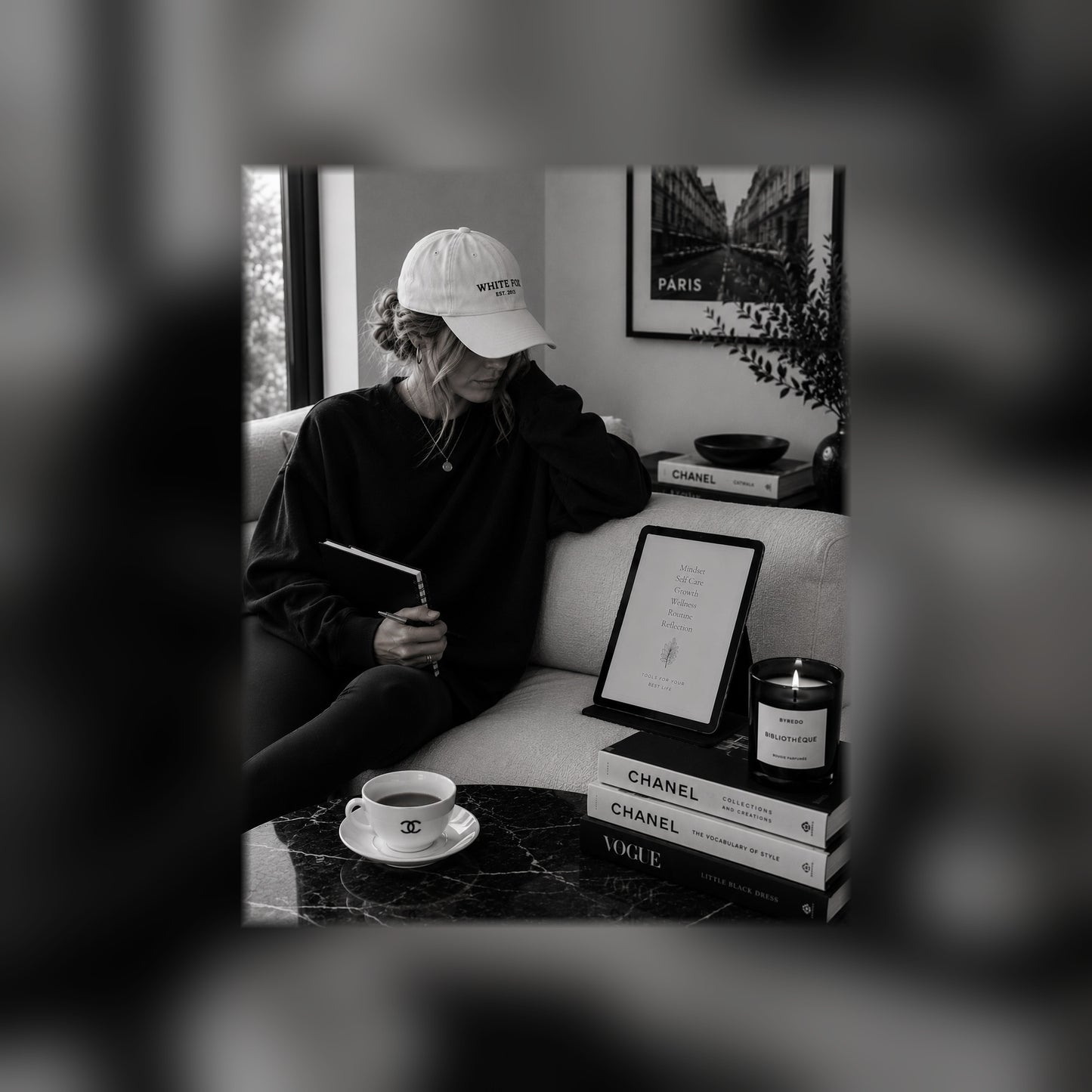 Beautifully Unfinished Guided Journal on a tablet — black and white lifestyle mockup 2, full-bleed square