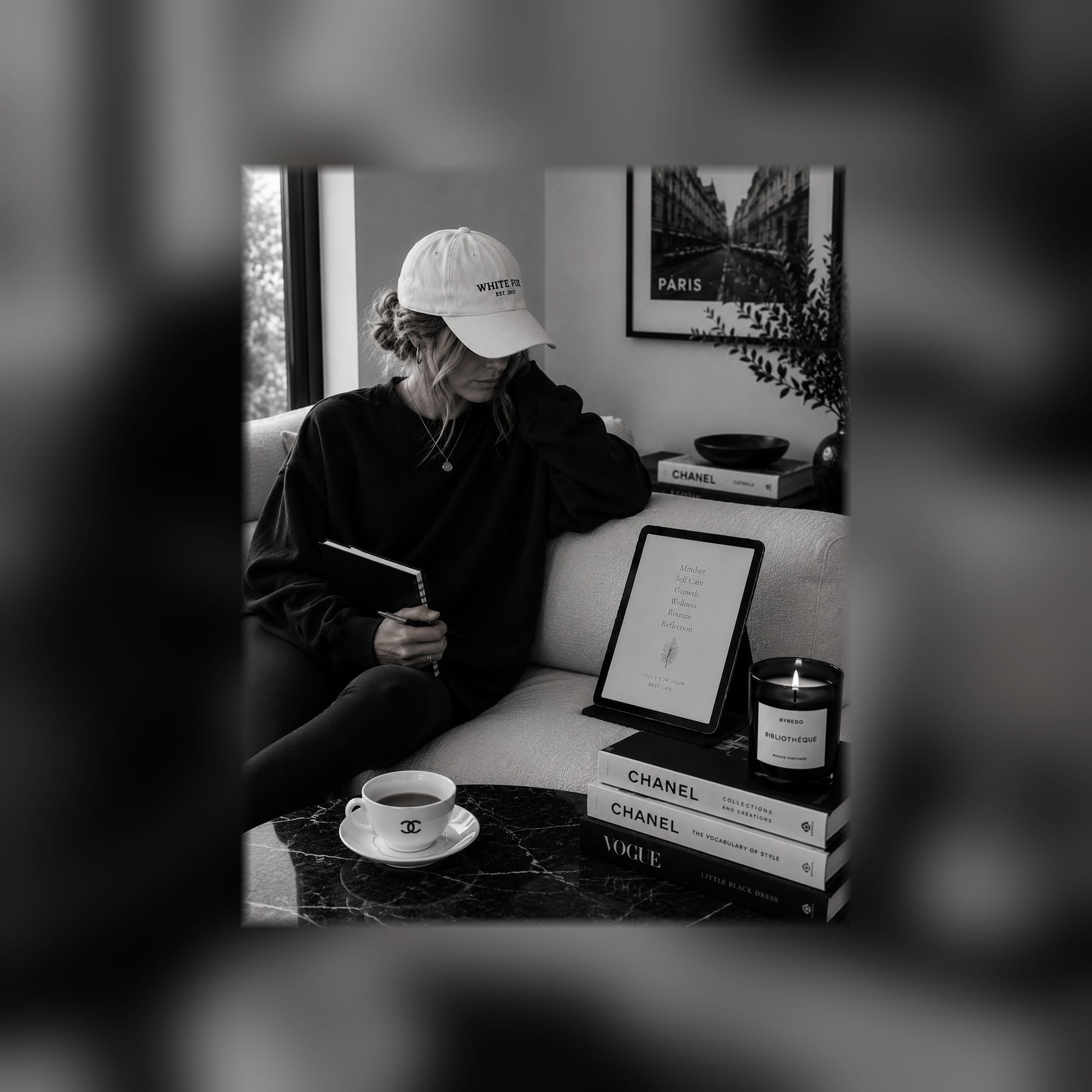 Beautifully Unfinished Guided Journal on a tablet — black and white lifestyle mockup 2, full-bleed square