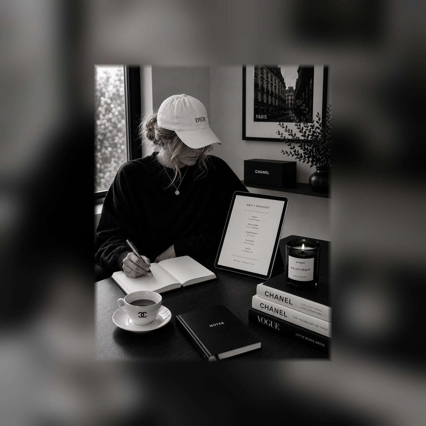 Beautifully Unfinished Guided Journal on a tablet — black and white lifestyle mockup 3, full-bleed square