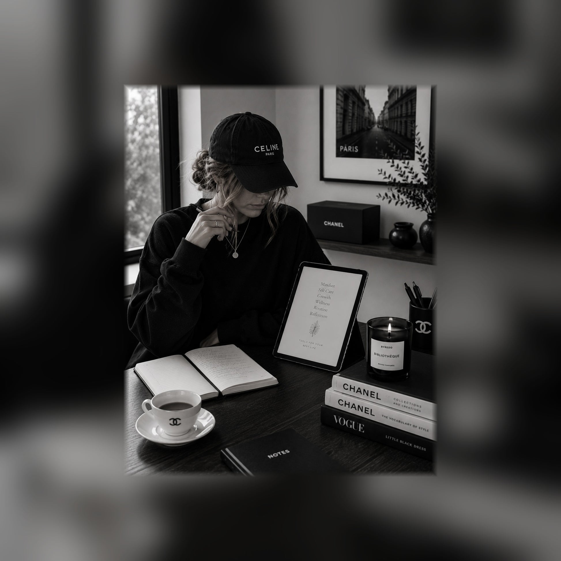 Beautifully Unfinished Guided Journal on a tablet — black and white lifestyle mockup 4, full-bleed square