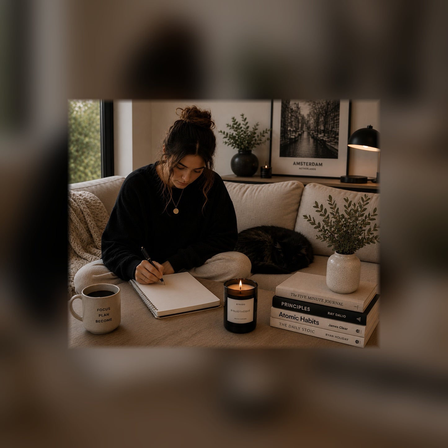 The Wellness Bundle guides on a tablet — sofa black and white lifestyle mockup, full-bleed square