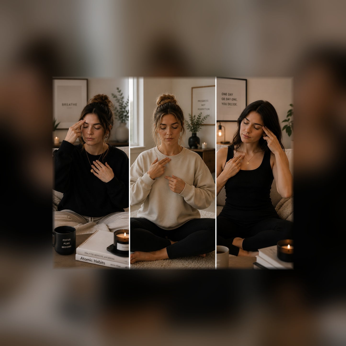 Tapped In nervous system reset guide — EFT tapping triptych, black and white lifestyle mockup, full-bleed square