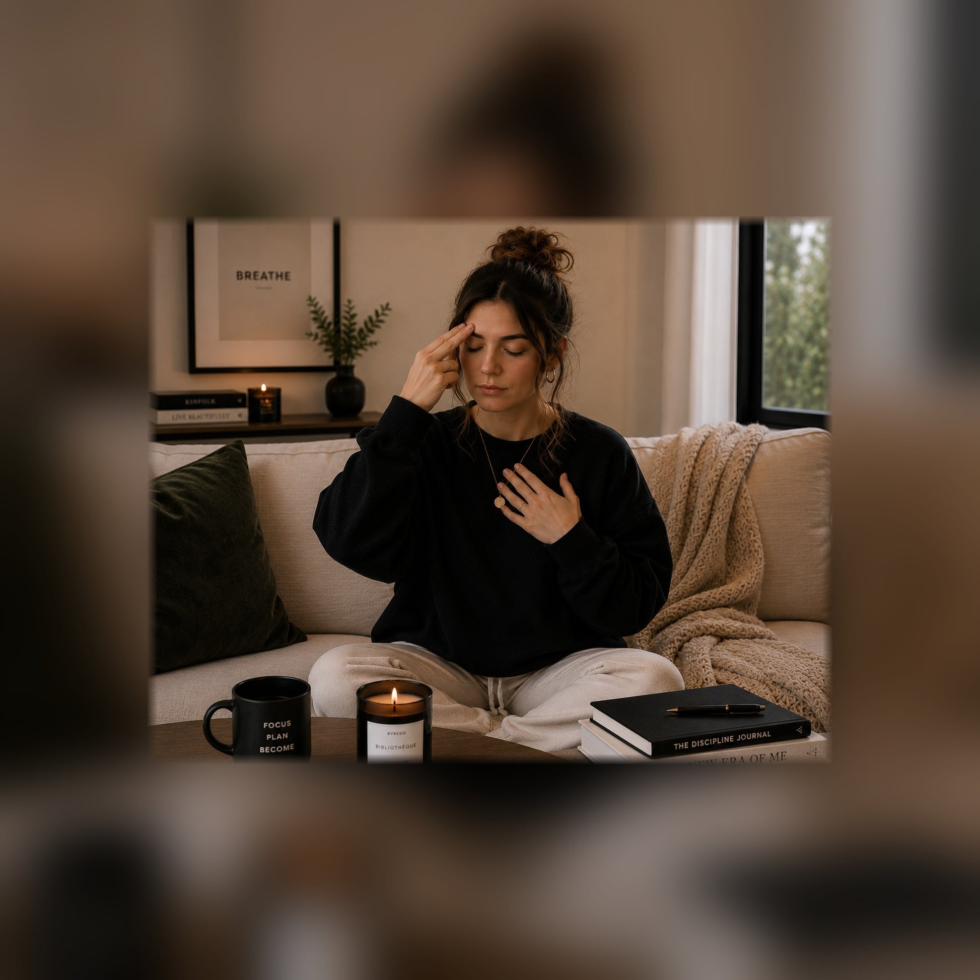 Tapped In nervous system reset guide — woman tapping, black and white lifestyle mockup, full-bleed square