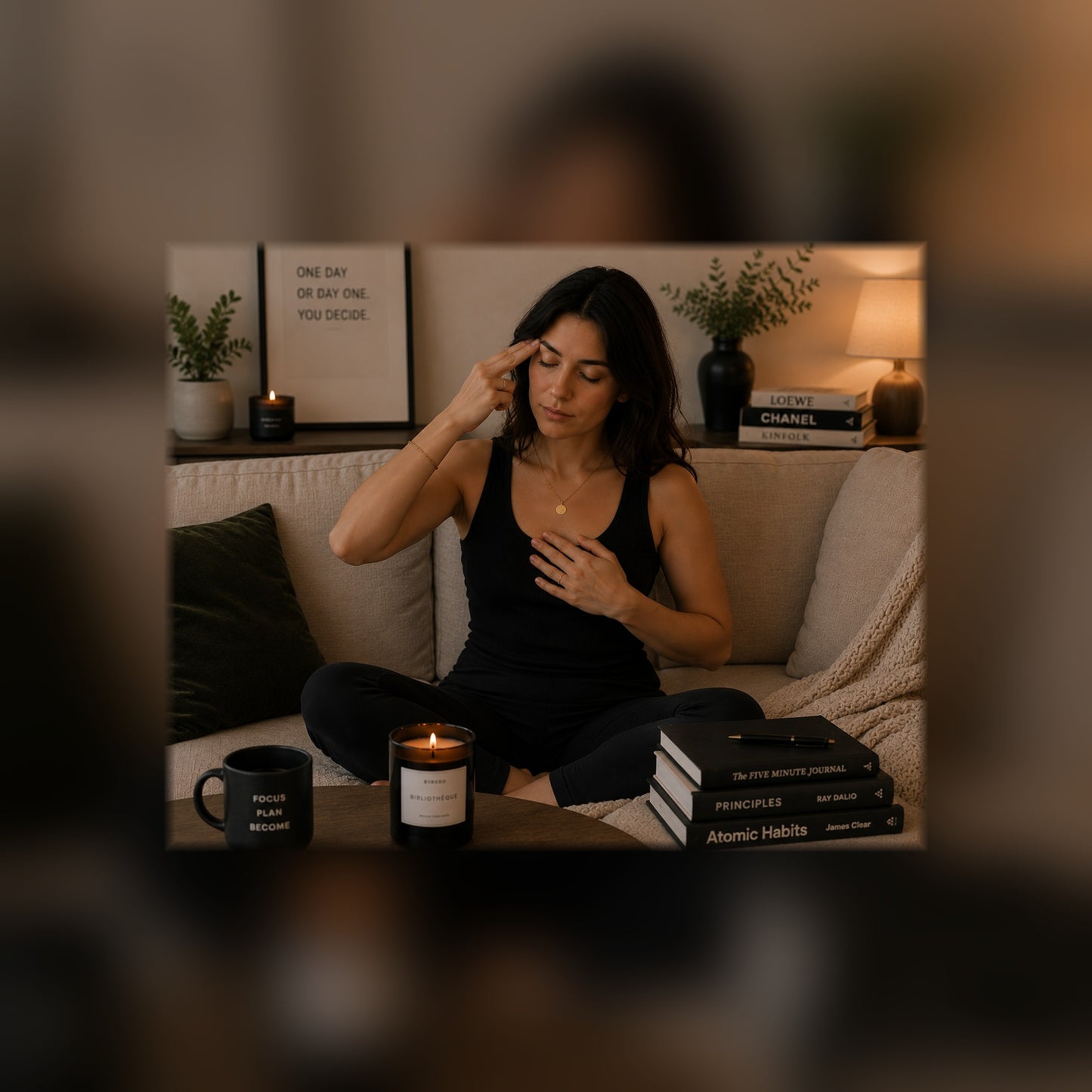 Tapped In nervous system reset guide — woman tapping calmly at home, black and white lifestyle mockup, full-bleed square