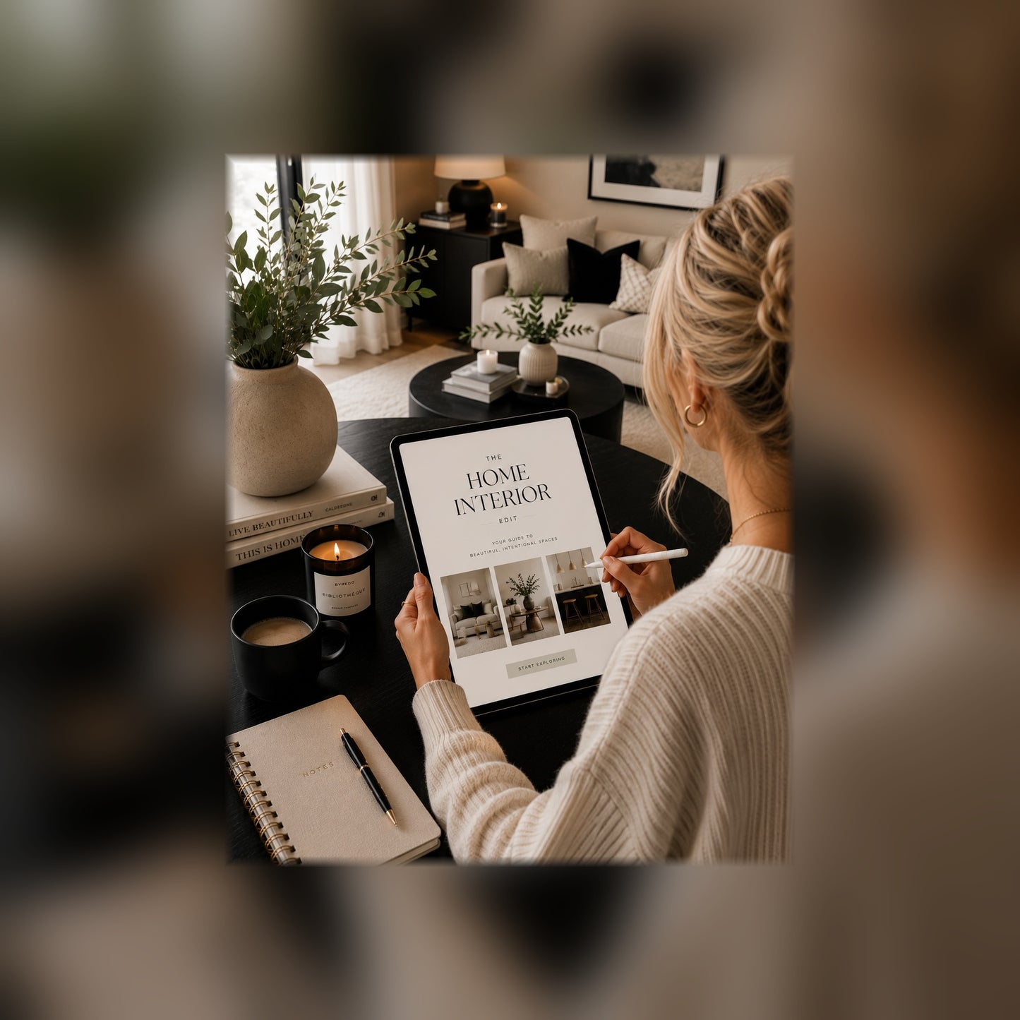The Home & Interior Edit guide on a tablet — black and white styled room mockup 1, full-bleed square