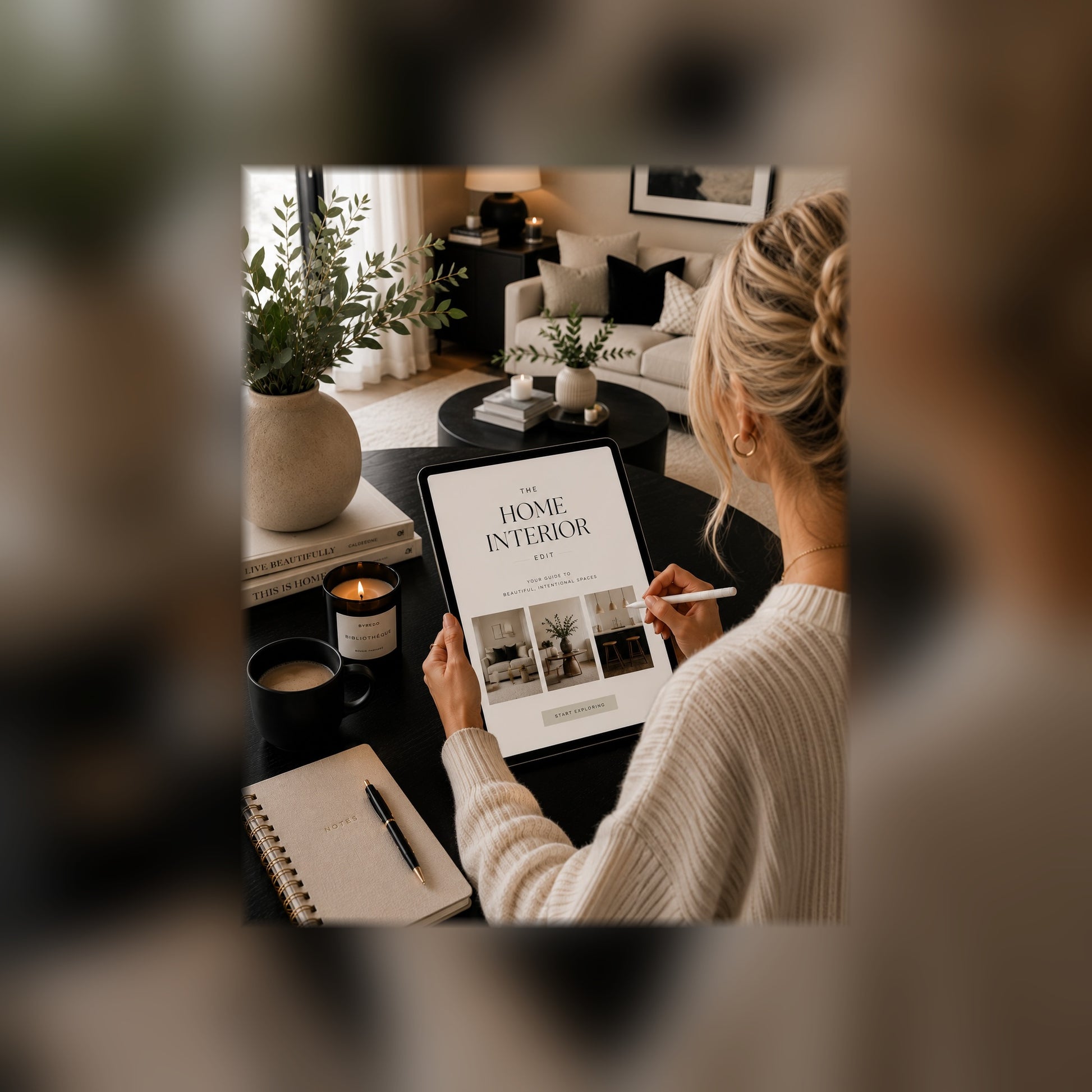 The Home & Interior Edit guide on a tablet — black and white styled room mockup 1, full-bleed square
