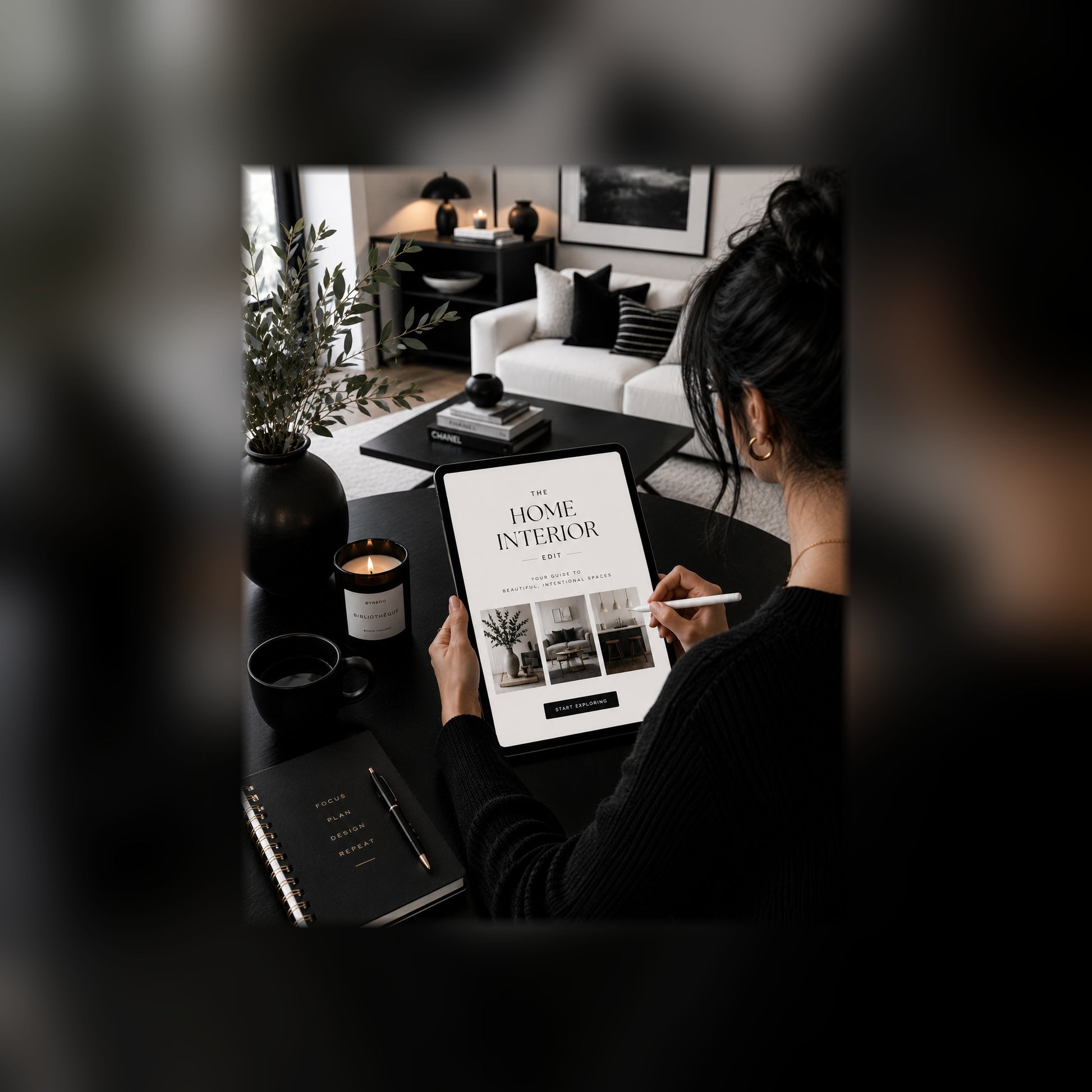 The Home & Interior Edit guide on a tablet — black and white styled room mockup 2, full-bleed square