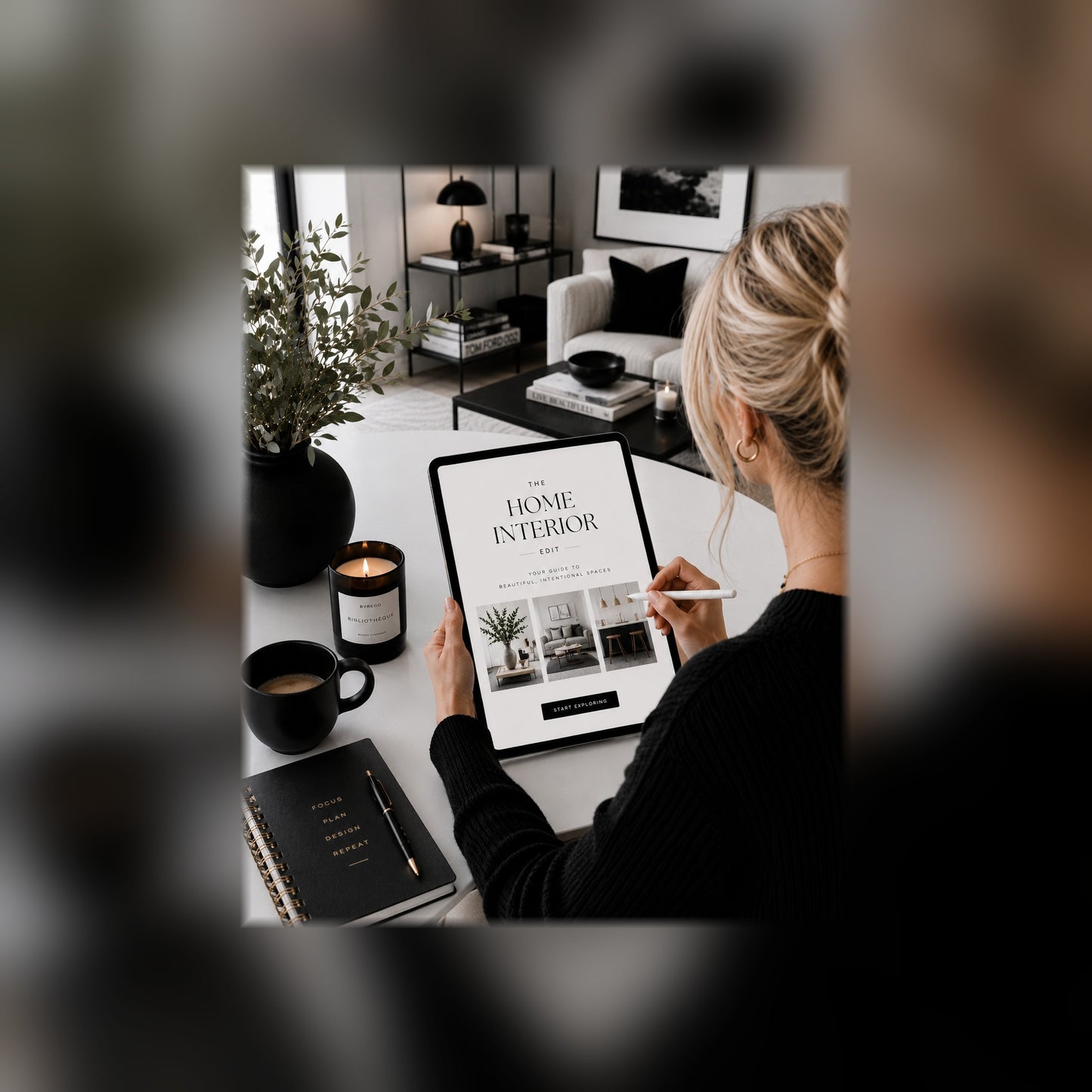 The Home & Interior Edit guide on a tablet — black and white styled room mockup 3, full-bleed square