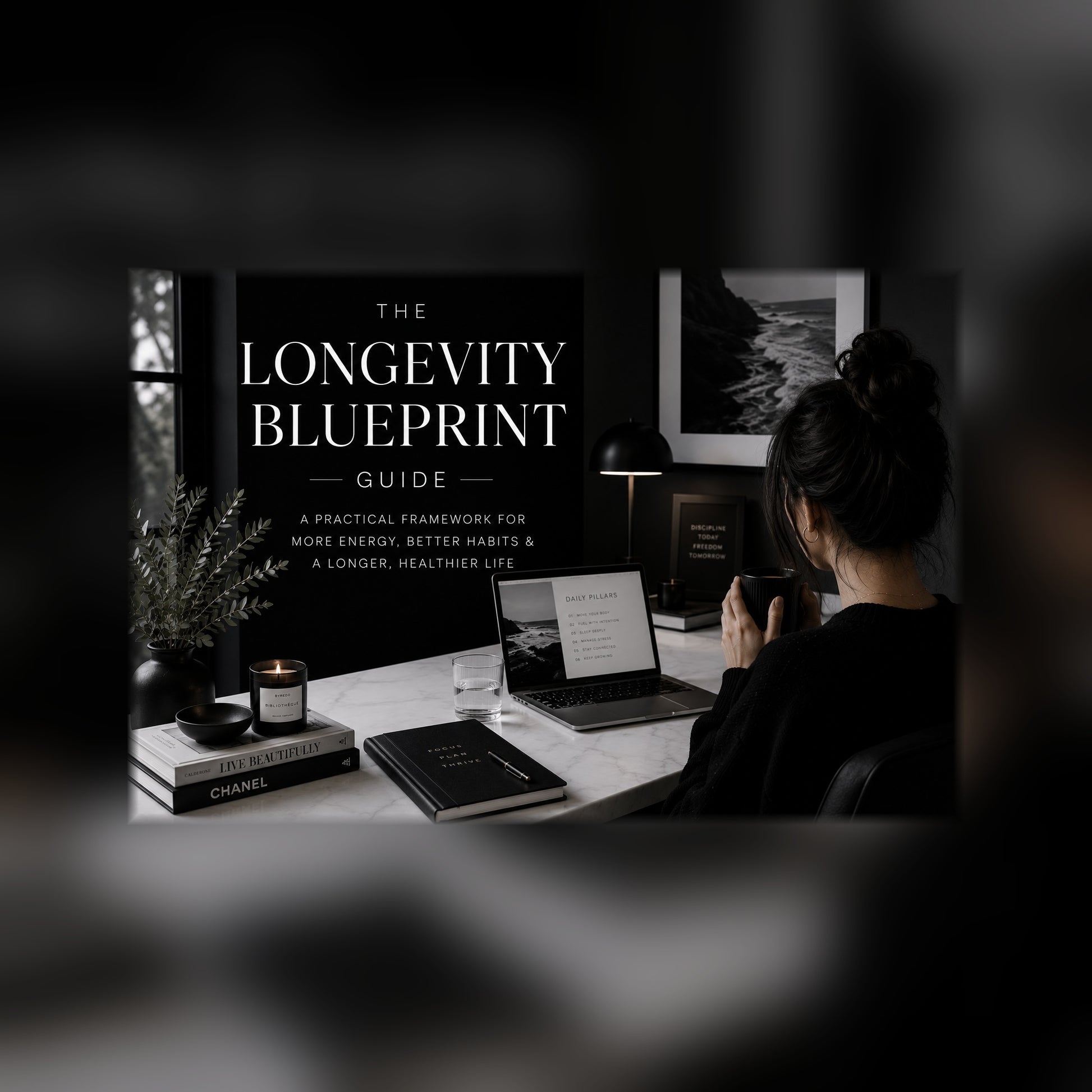 The Longevity Blueprint science-backed longevity guide on a tablet — black and white lifestyle mockup, full-bleed square