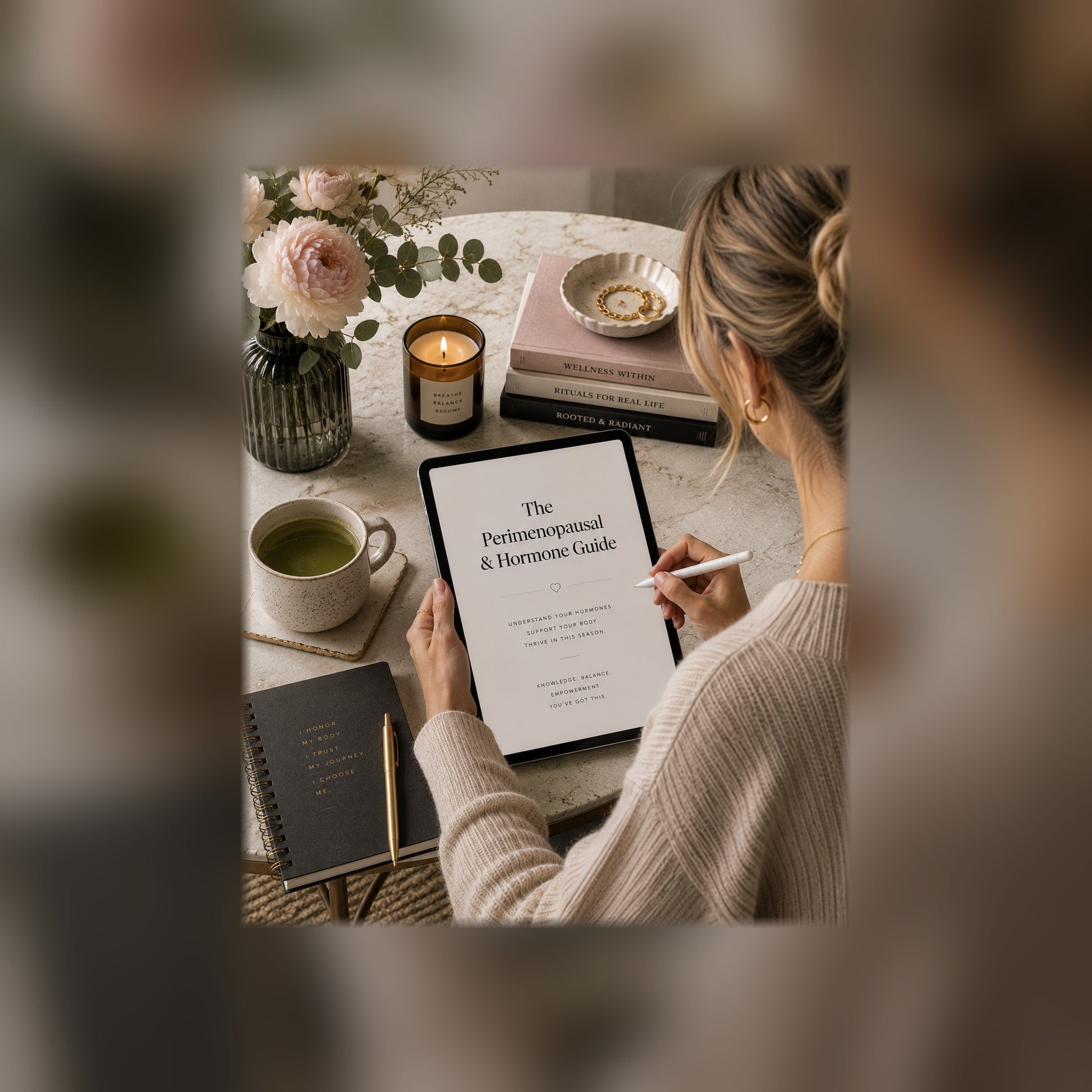 The Perimenopause & Hormone Guide on a tablet — black and white lifestyle mockup, full-bleed square