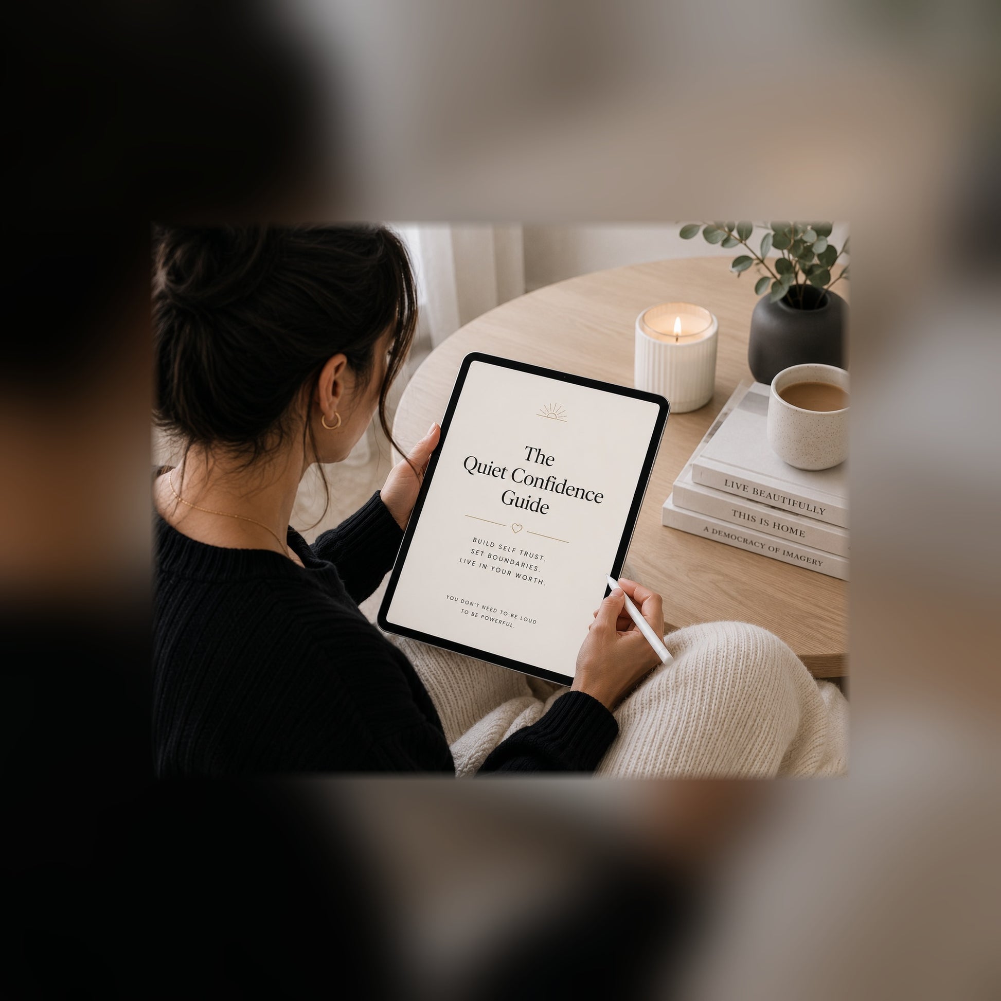 The Quiet Confidence Guide on a tablet — black and white lifestyle mockup 1, full-bleed square