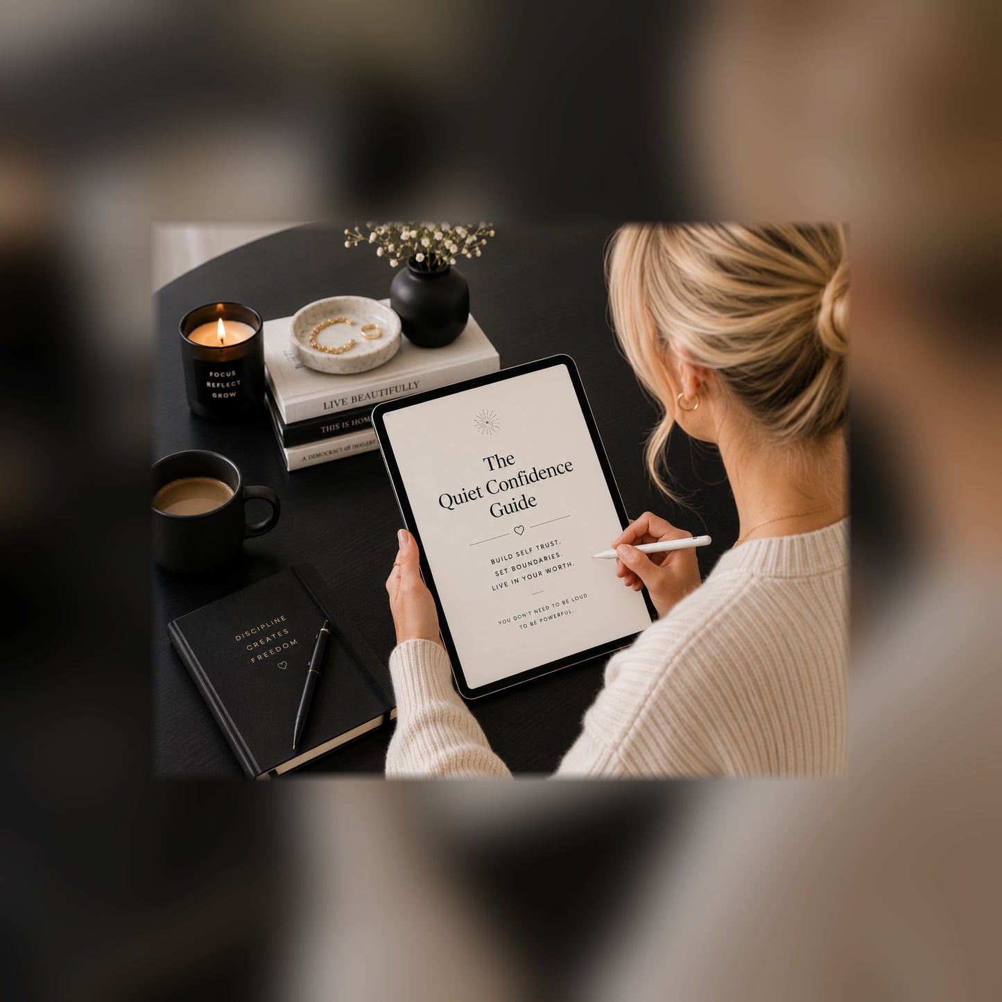 The Quiet Confidence Guide on a tablet — black and white lifestyle mockup 2, full-bleed square