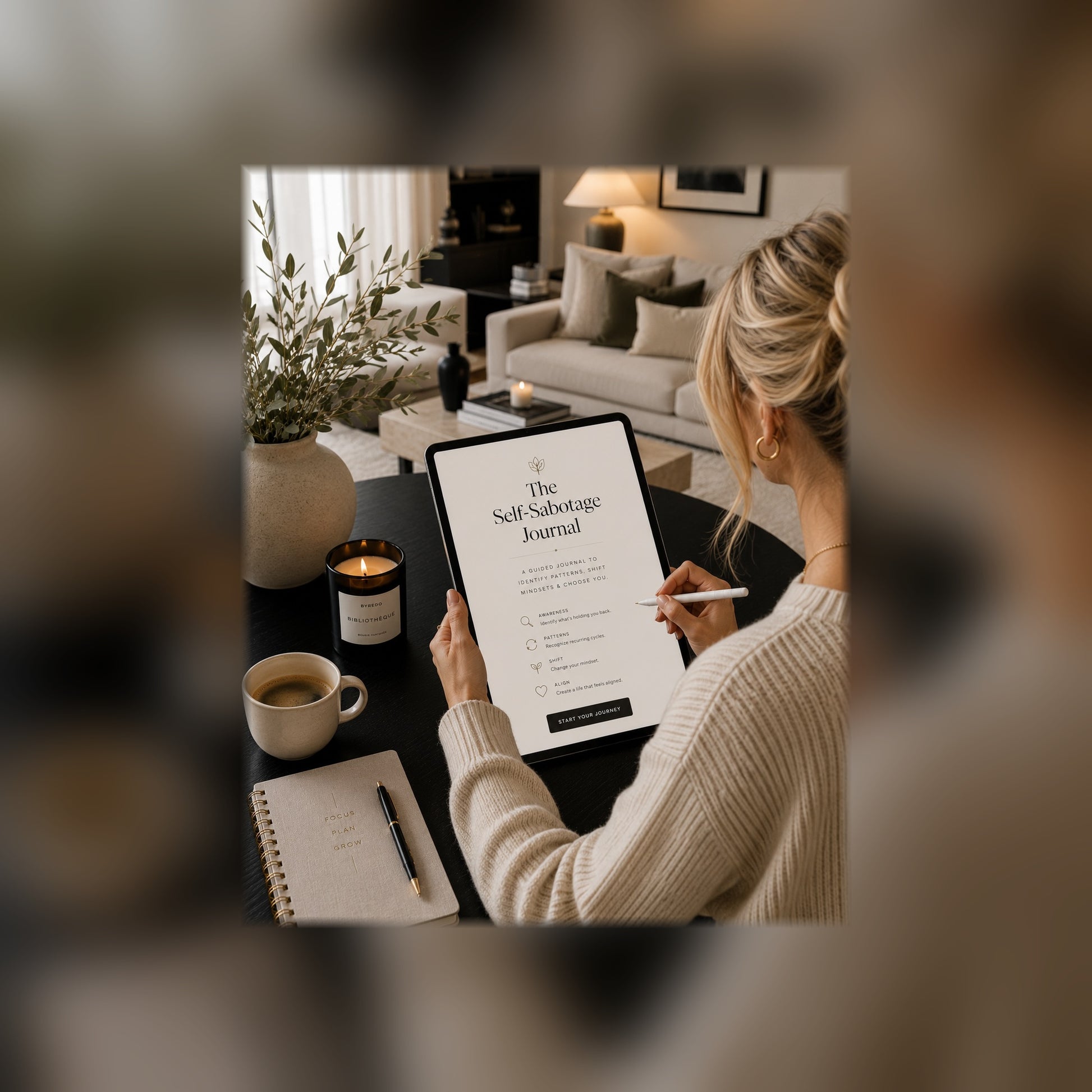 The Unfinished Woman Self-Sabotage Journal on a tablet — black and white lifestyle mockup, full-bleed square