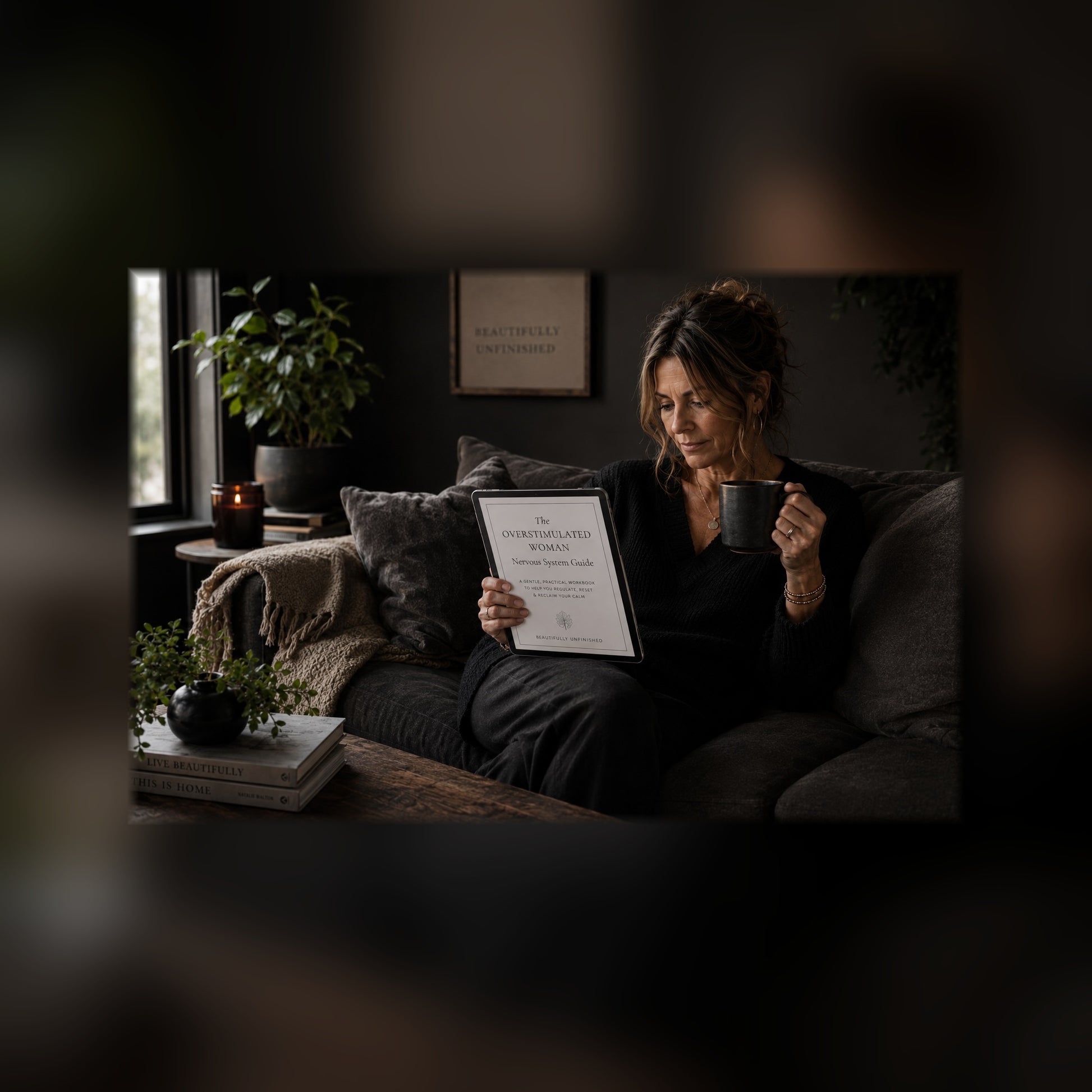 The Overstimulated Woman nervous system guide on a tablet — black and white lifestyle mockup 3, full-bleed square