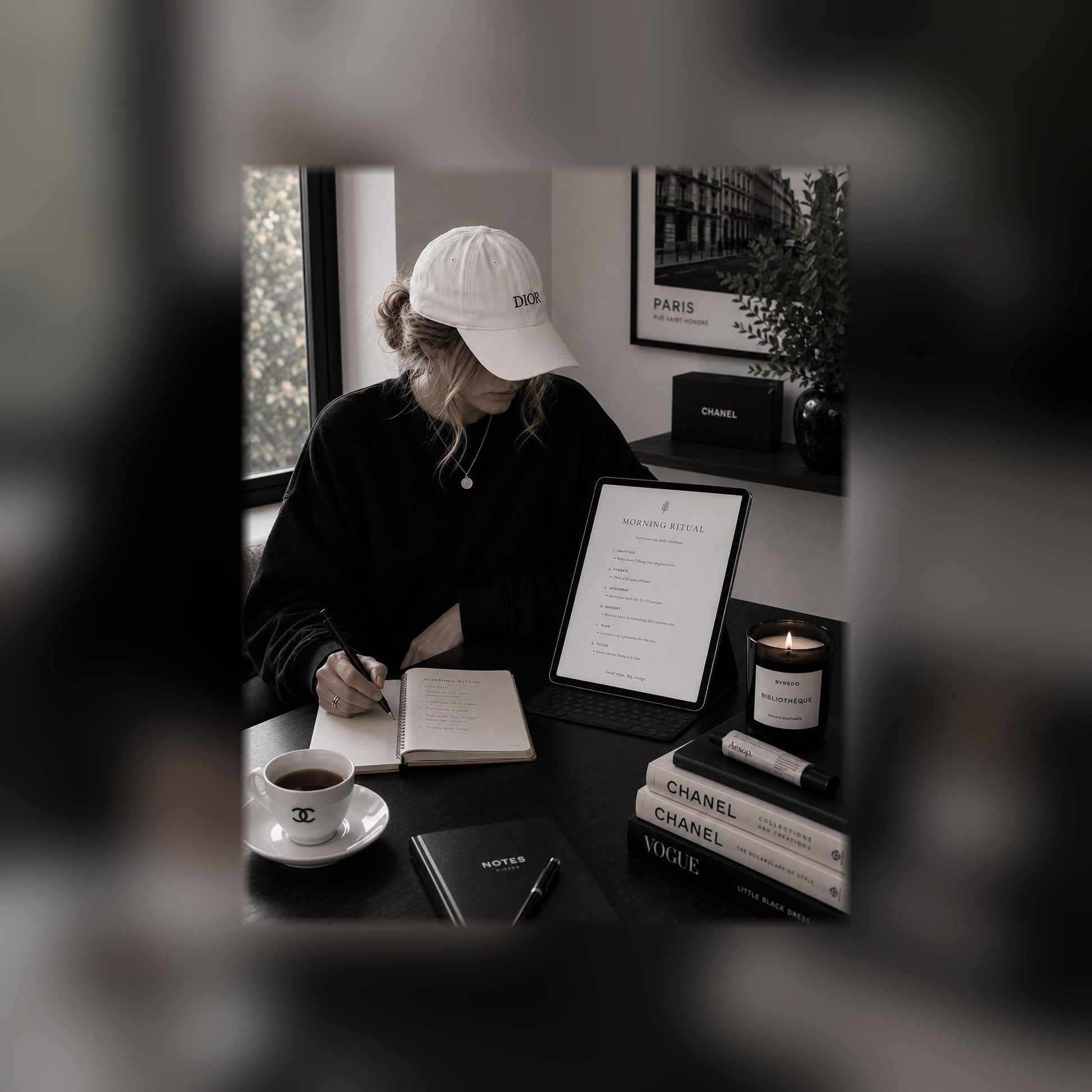 The Morning Ritual Guide on a tablet — black and white lifestyle mockup 1, full-bleed square