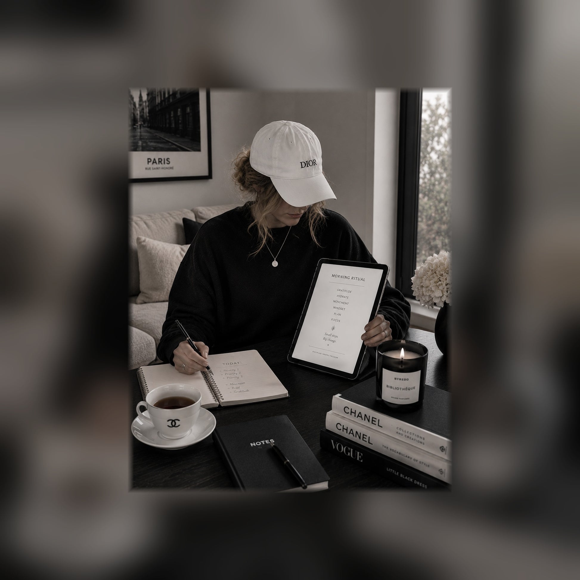 The Morning Ritual Guide on a tablet — black and white lifestyle mockup 2, full-bleed square