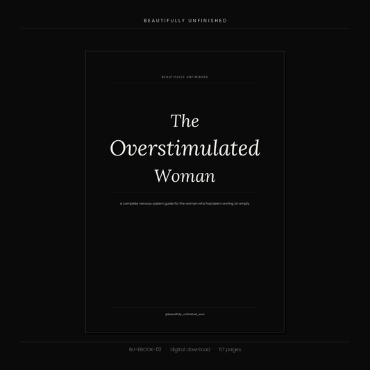 The Overstimulated Woman cover displayed on a tablet screen — black and white lifestyle mockup