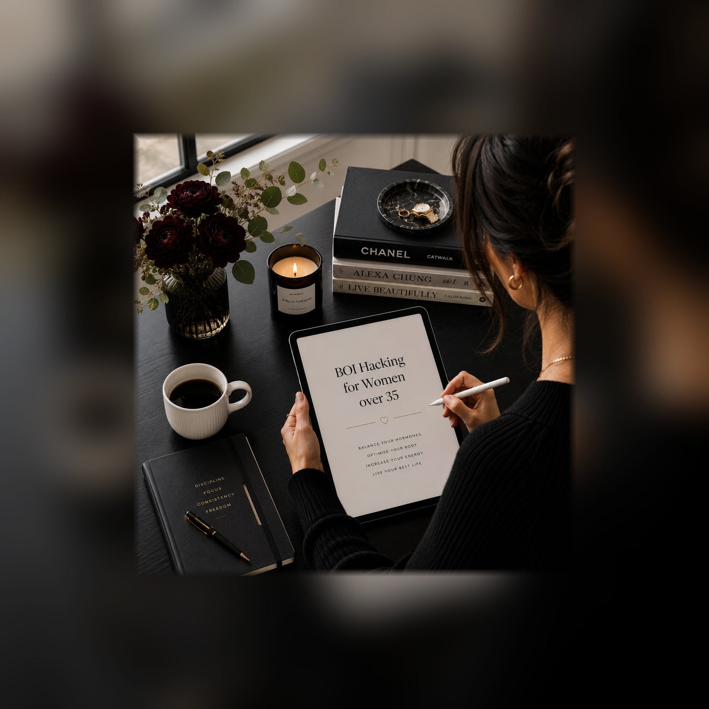 Biohacking for Women Over 35 guide on a tablet — corrected title, black and white lifestyle mockup, full-bleed square