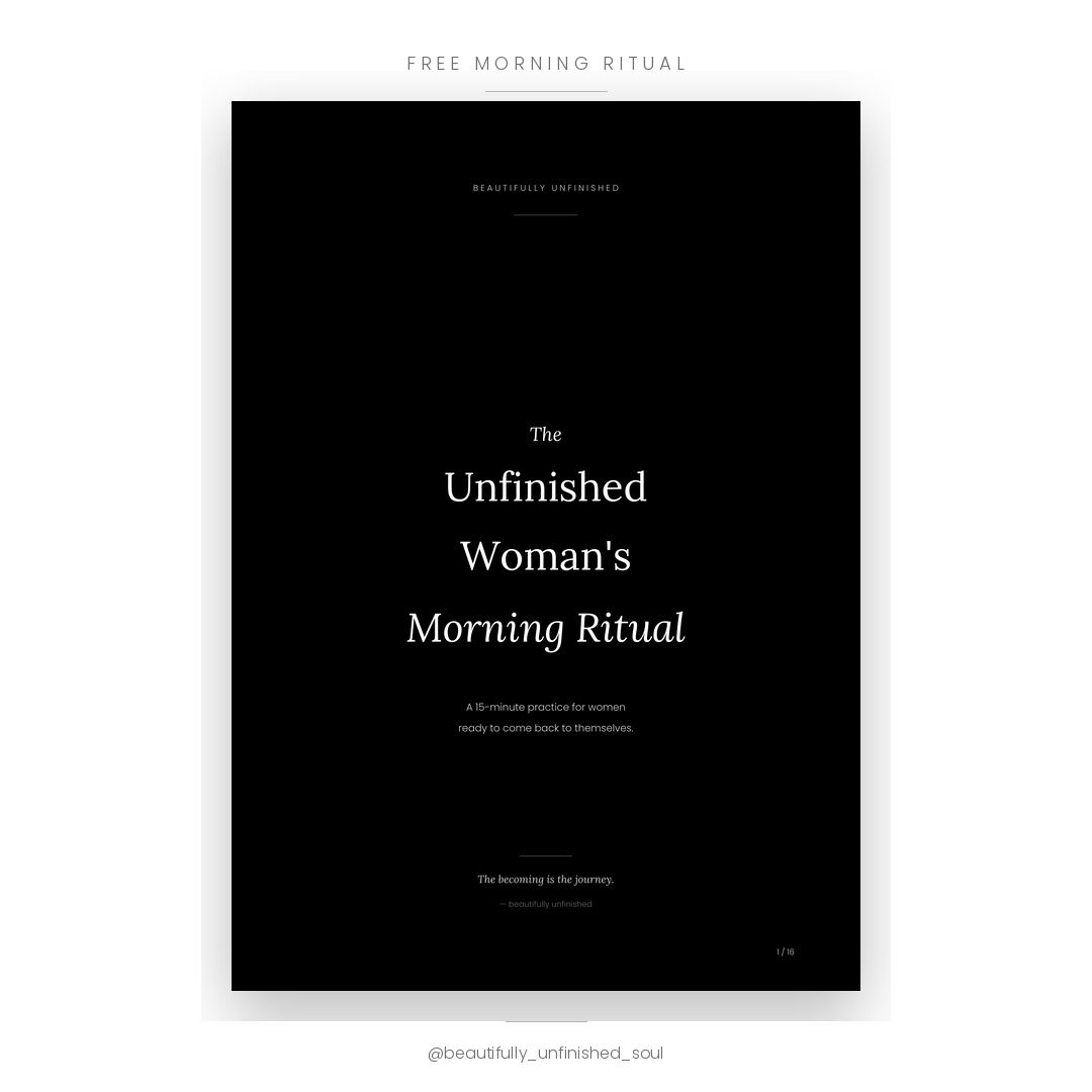 The Unfinished Woman's Morning Ritual cover displayed on a tablet screen — black and white lifestyle mockup
