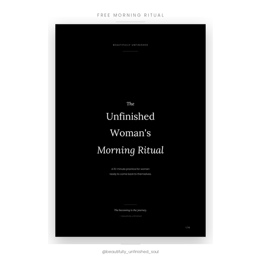 The Unfinished Woman's Morning Ritual cover displayed on a tablet screen — black and white lifestyle mockup