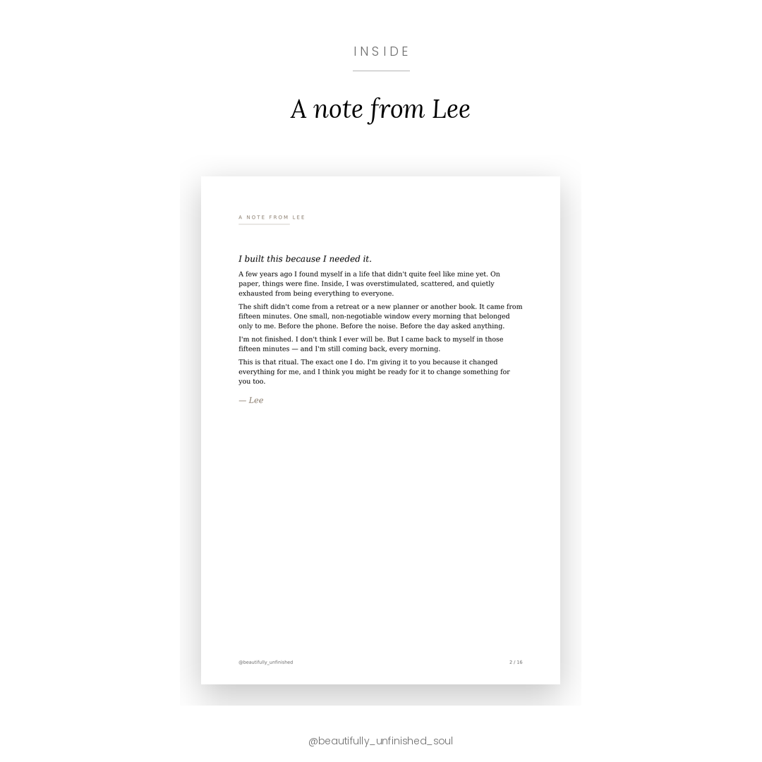 The Unfinished Woman's Morning Ritual open to an inside page spread — black and white lifestyle mockup