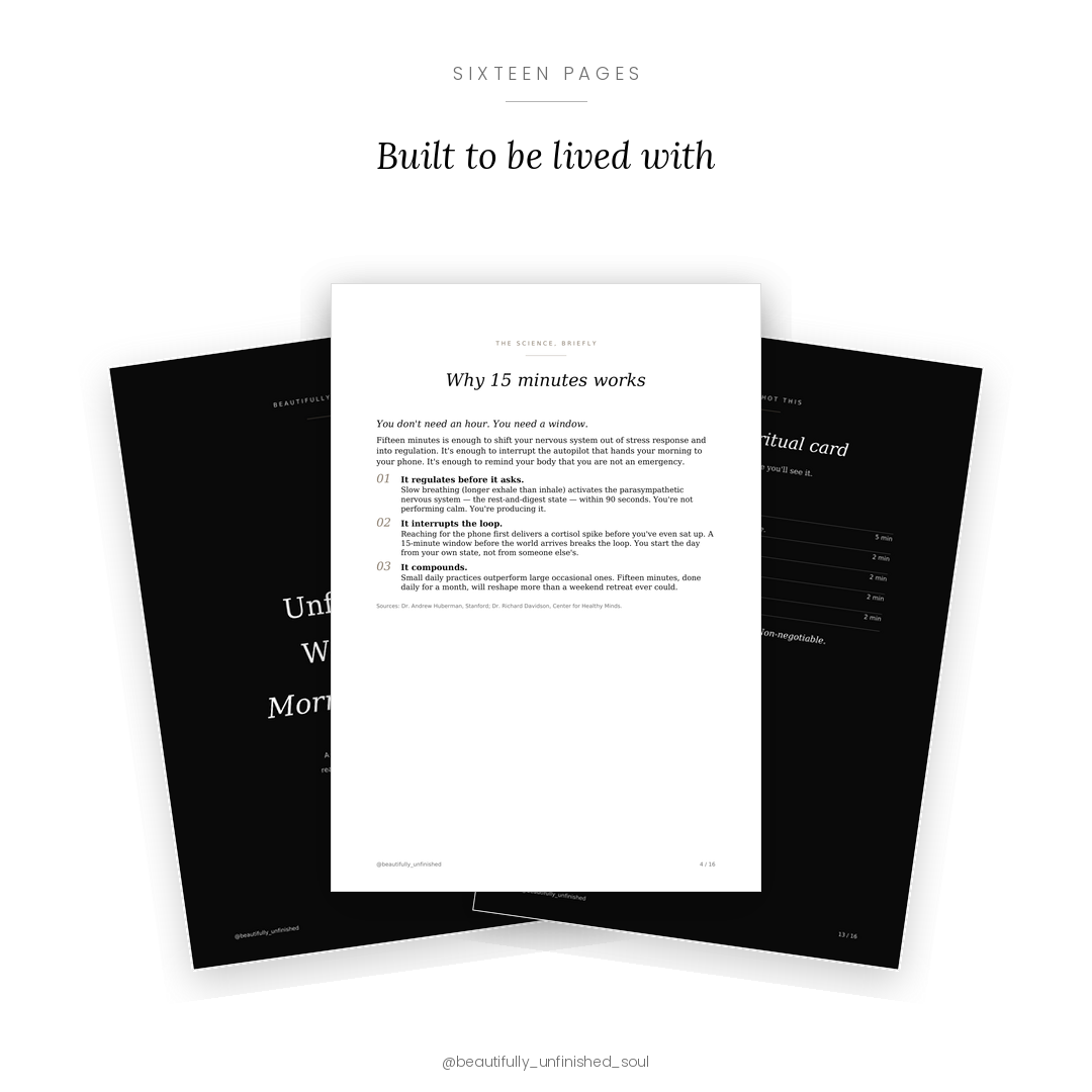The Unfinished Woman's Morning Ritual pages fanned out on a flat surface — black and white lifestyle mockup