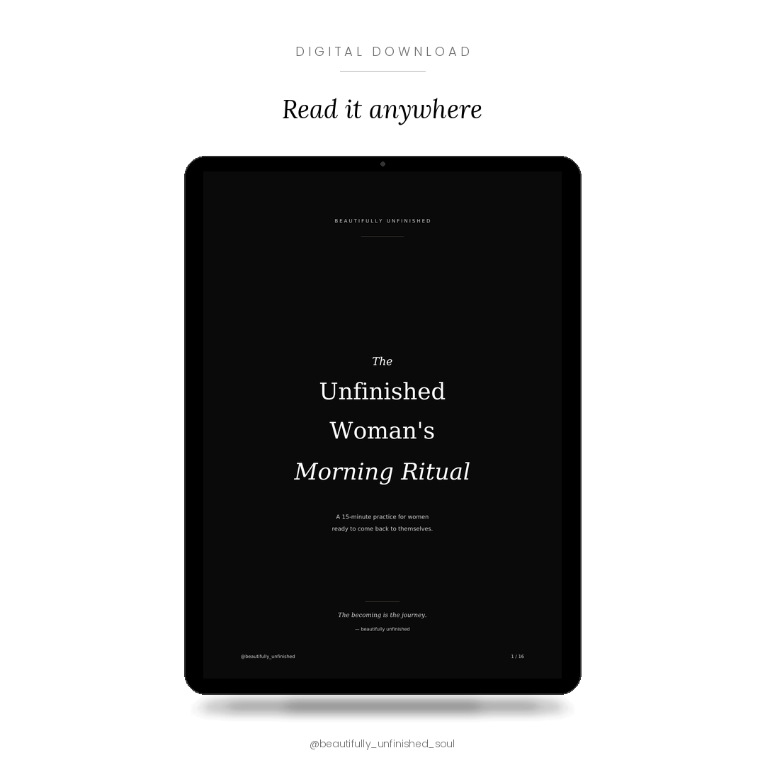 The Unfinished Woman's Morning Ritual cover shown on an iPad screen — black and white lifestyle mockup