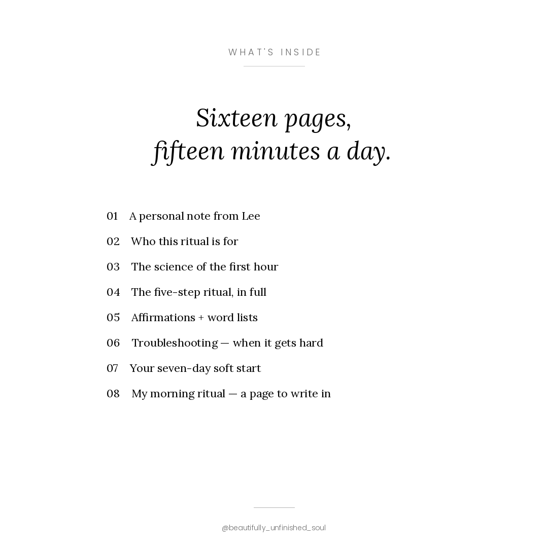 The Unfinished Woman's Morning Ritual contents list graphic showing what's inside — black and white mockup graphic
