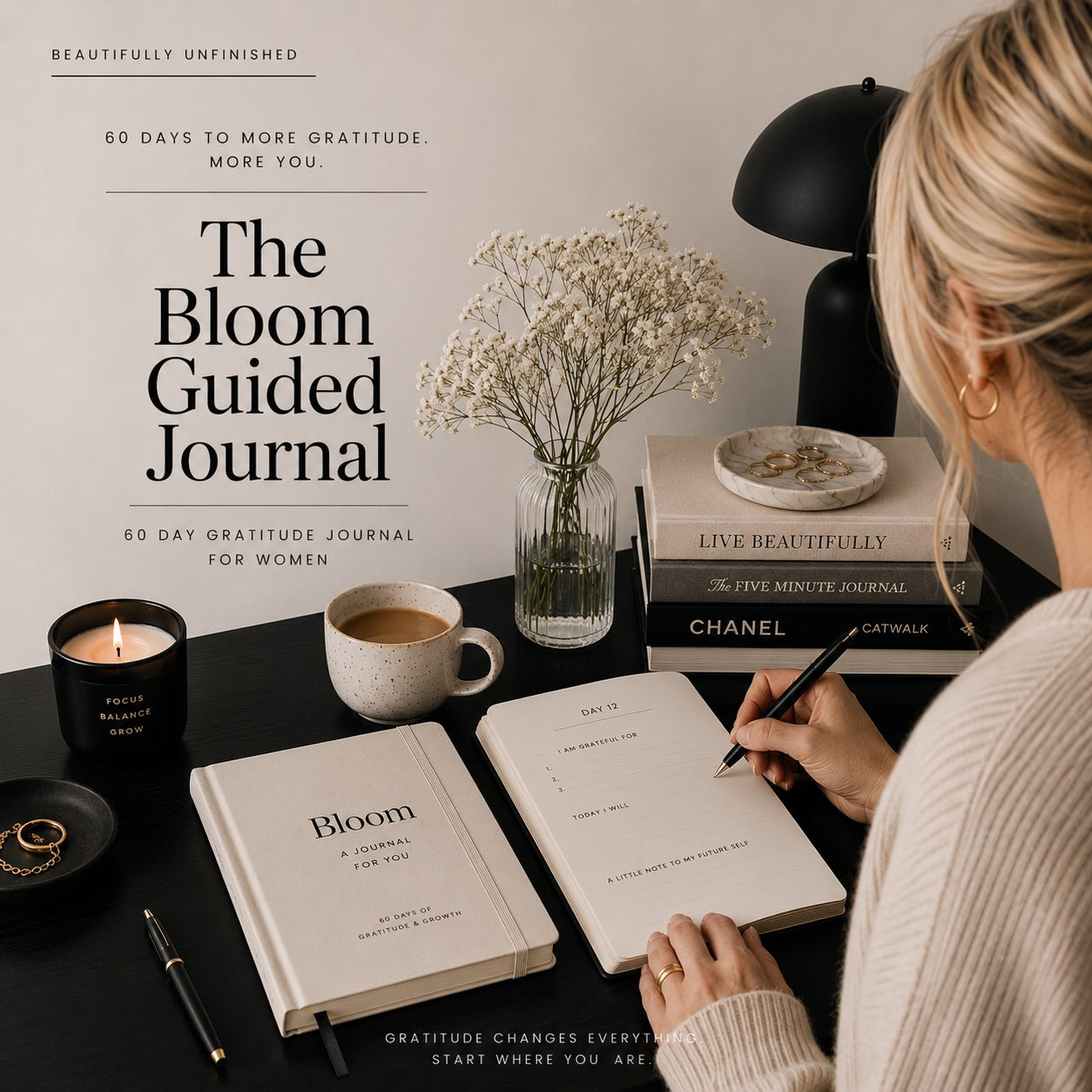 Bloom 60-day gratitude journal for women in print — warm lifestyle mockup with candle and flowers
