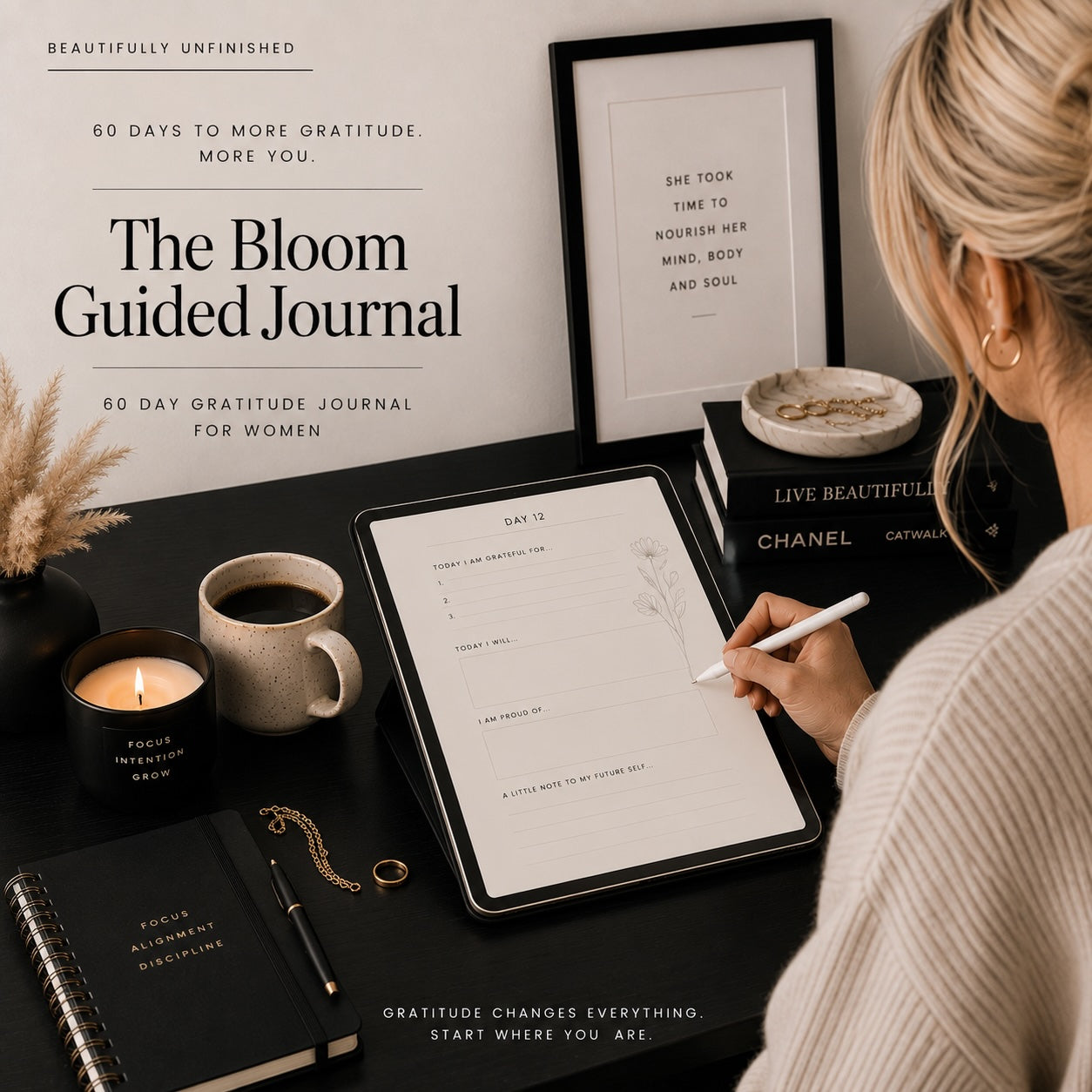 Bloom guided gratitude journal open on a tablet — daily gratitude prompts lifestyle mockup