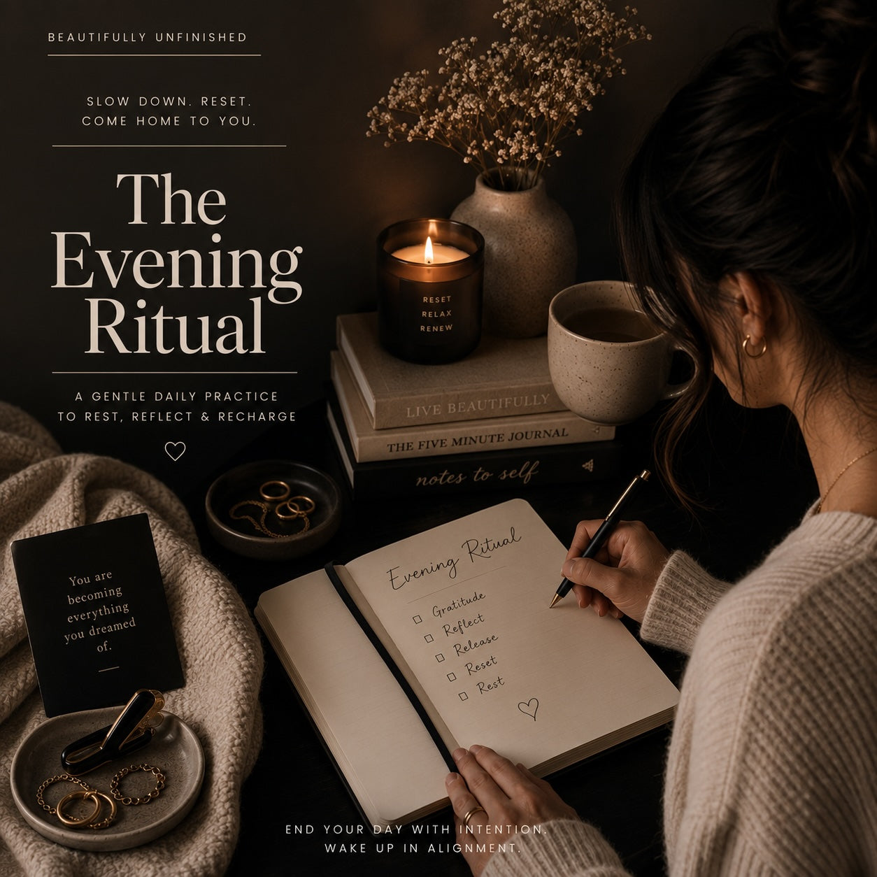 The Evening Wind-Down Ritual night routine guide in print — dark bedroom lifestyle mockup 1