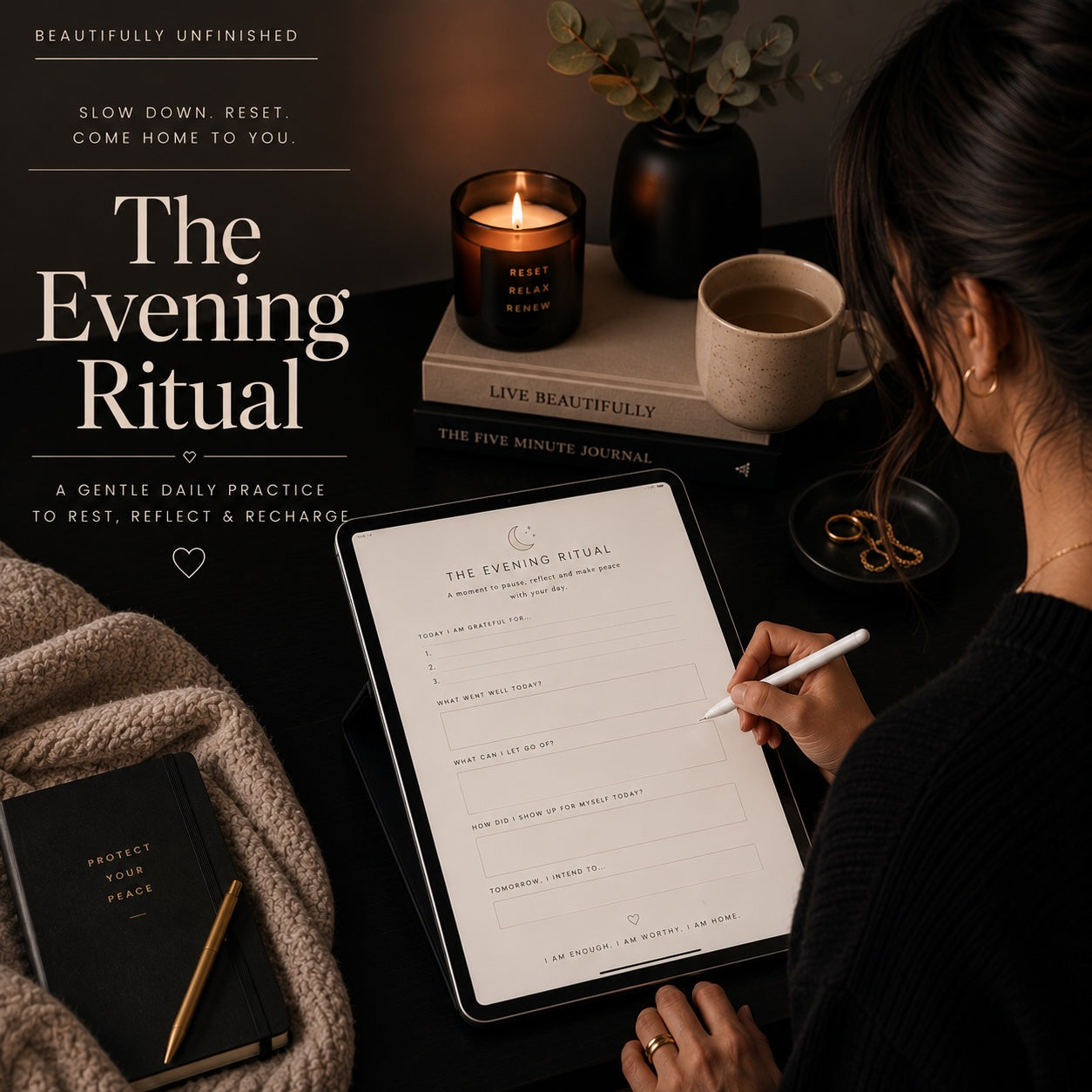 The Evening Wind-Down Ritual sleep reset guide on a tablet — dark evening scene mockup 2