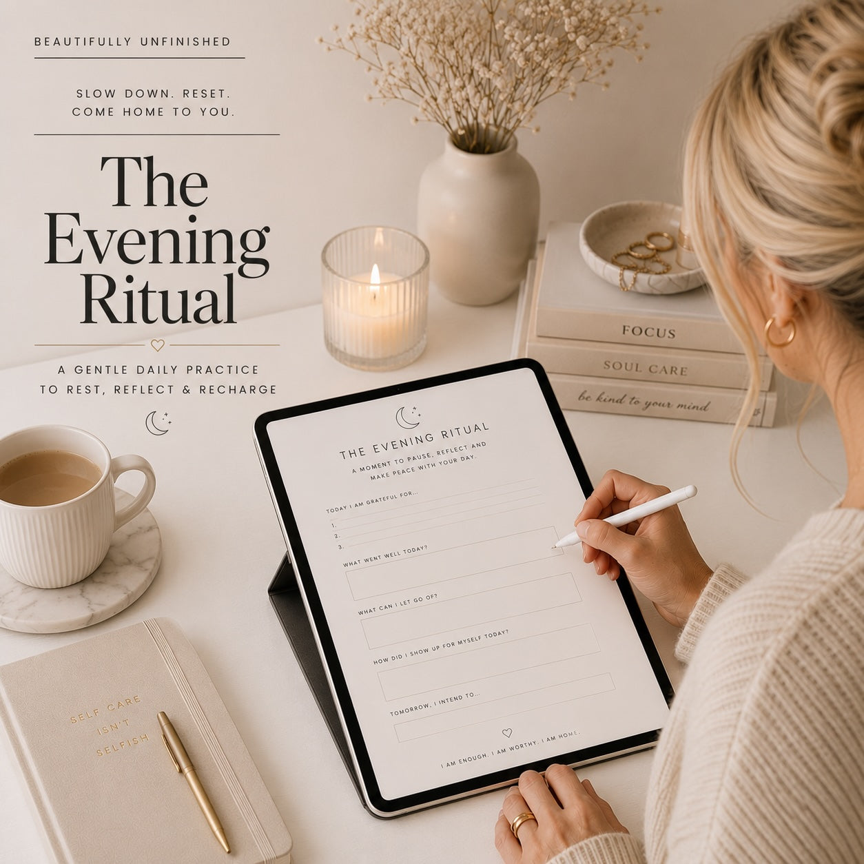 The Evening Wind-Down Ritual rest and recharge PDF — cream evening lifestyle mockup 3
