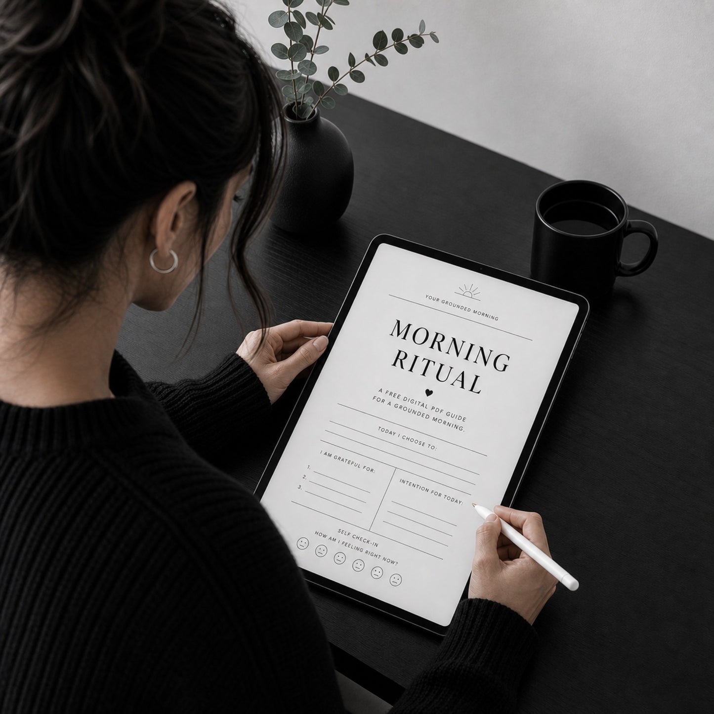 Free Morning Ritual 16-page guide with gratitude and intention prompts on a tablet — desk scene