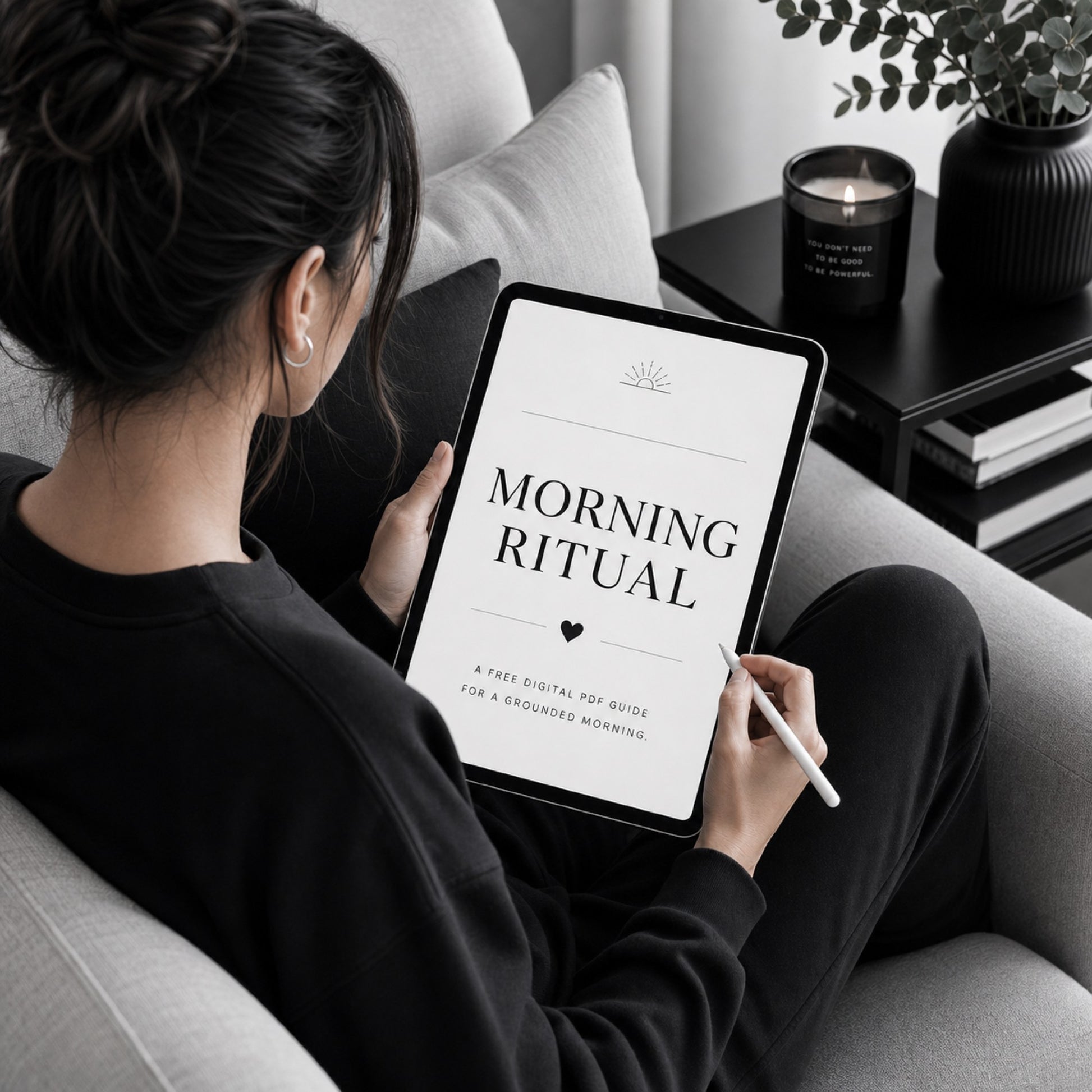 Woman using the free Morning Ritual grounded morning guide — sofa lifestyle mockup