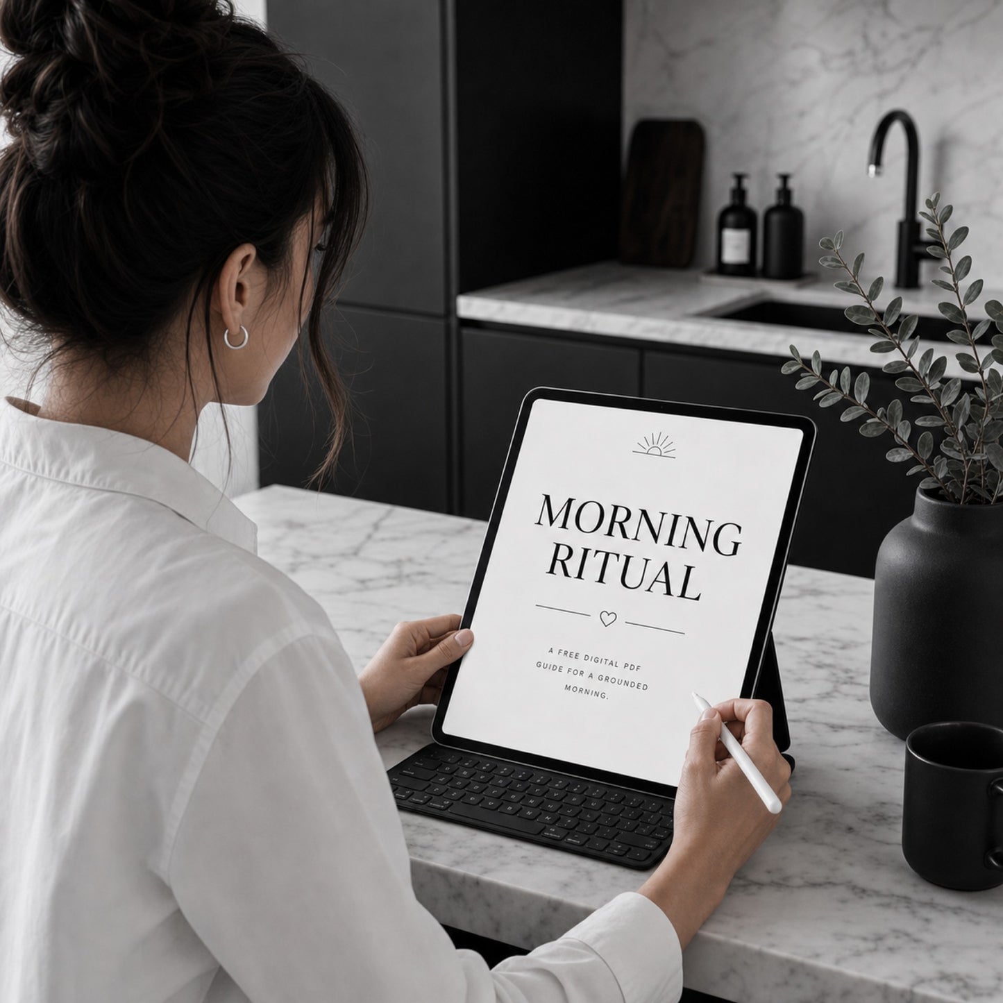 The Unfinished Woman's free Morning Ritual PDF — kitchen lifestyle mockup