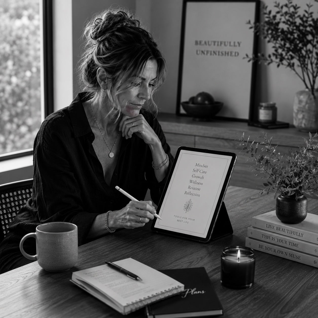 The Becoming Bundle quiet power guides — black and white journaling lifestyle scene