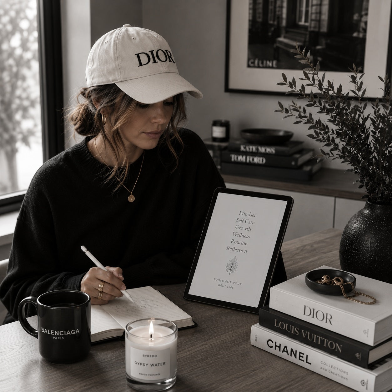 Woman reading from The Foundation Collection self-development library — lifestyle scene 2