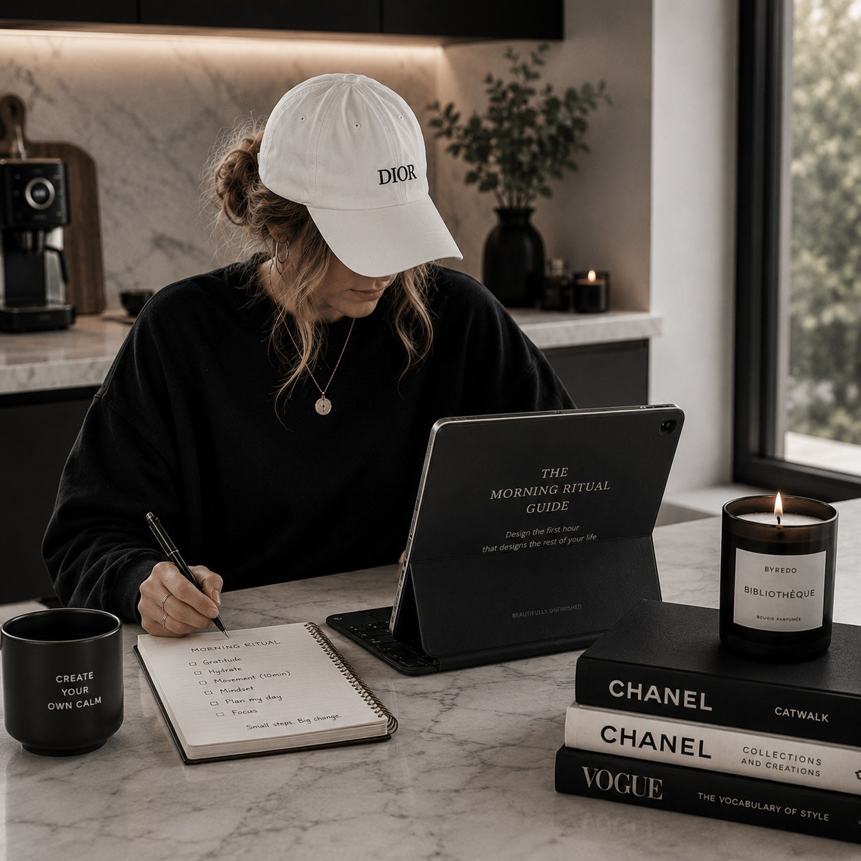 The Morning Ritual Guide first-hour routine for women on a tablet — kitchen bench morning scene