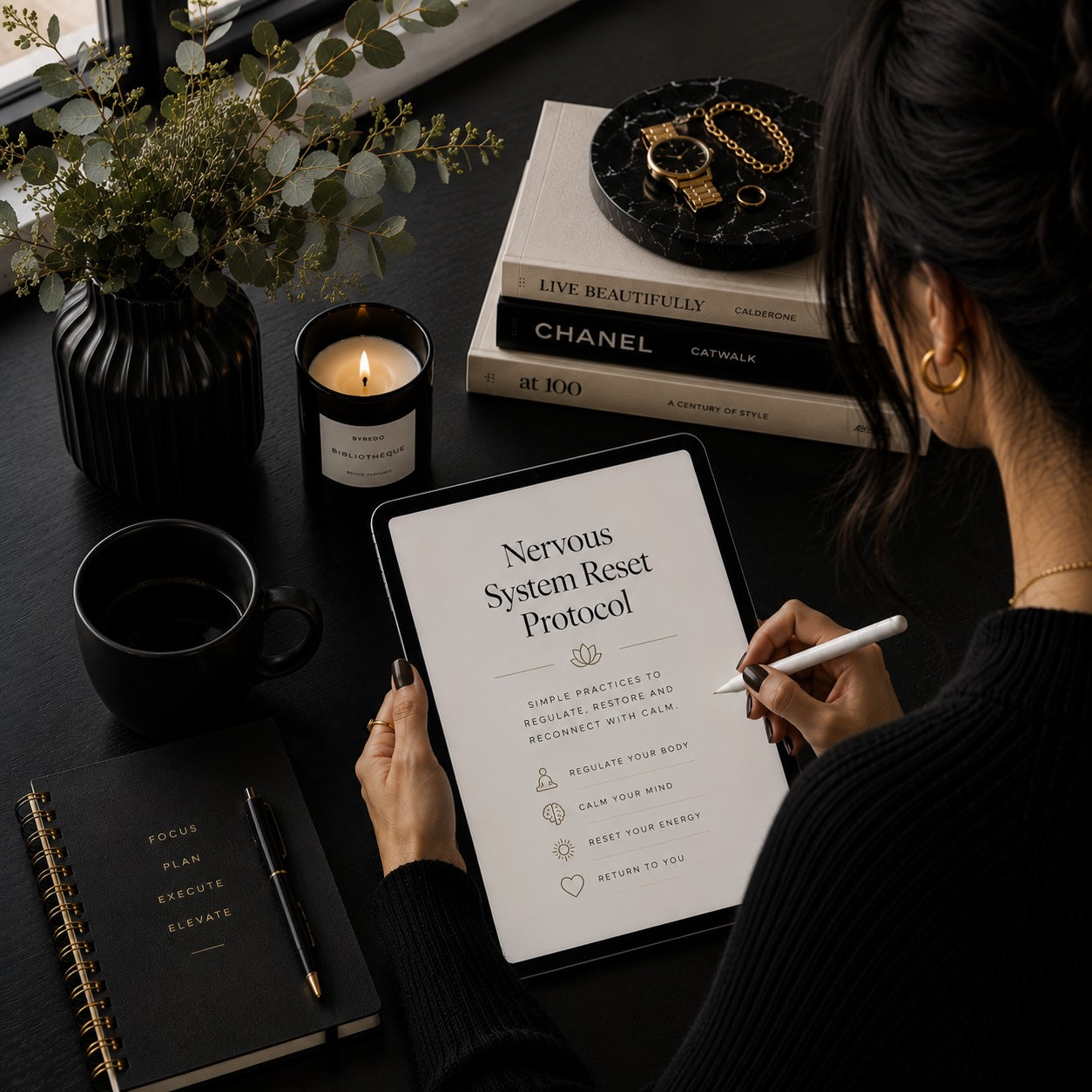 Nervous System Reset practices to regulate, restore and reconnect with calm — tablet mockup
