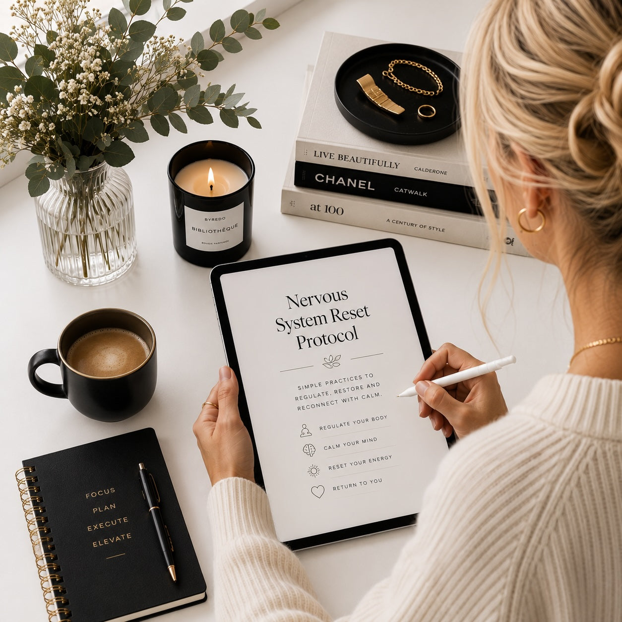 Woman reading The Nervous System Reset vagus nerve guide — light monochrome lifestyle mockup