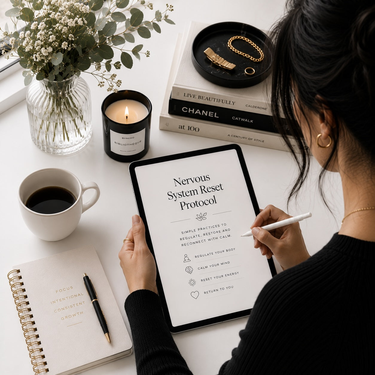 The Nervous System Reset calm and stress relief guide — black and white lifestyle mockup