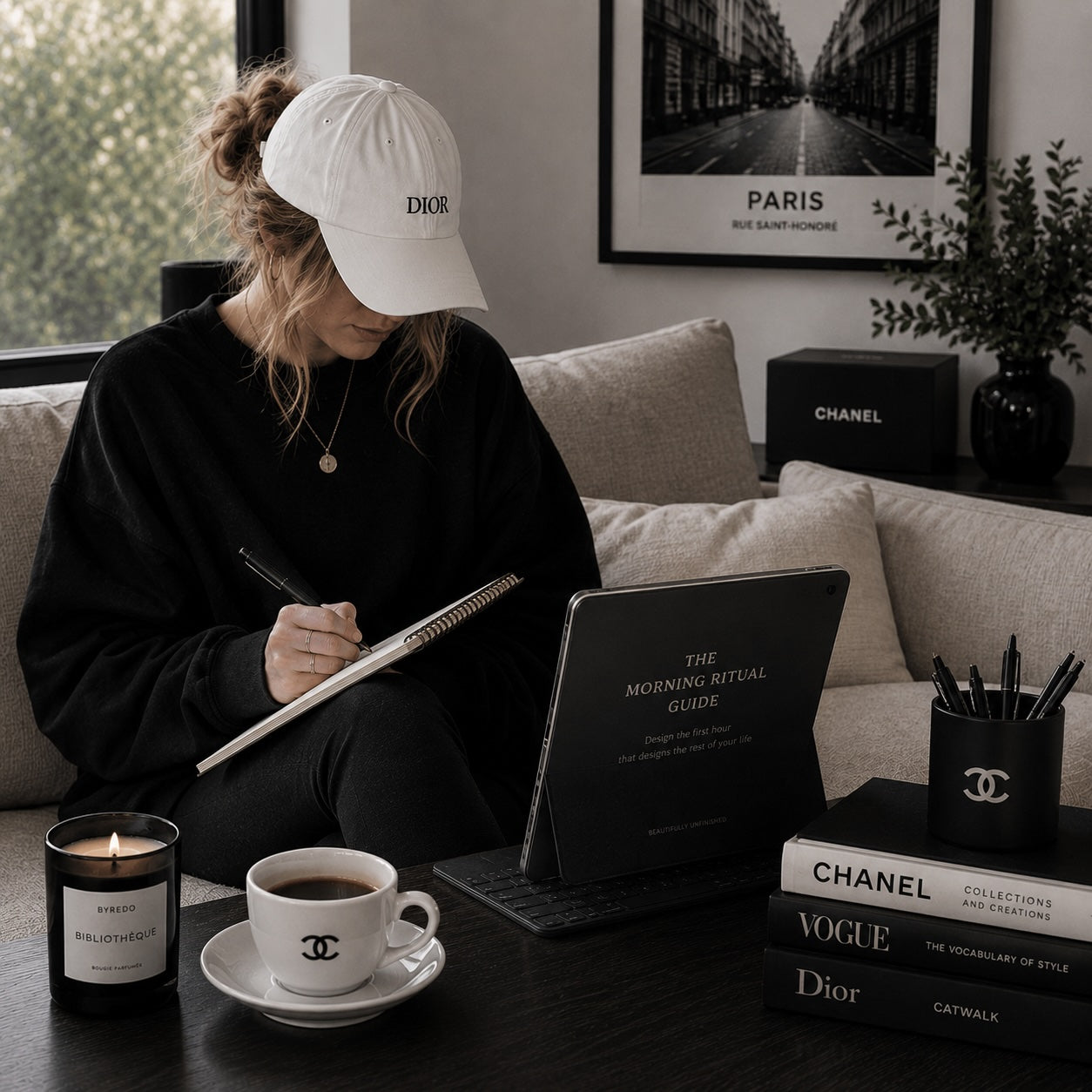 Woman reading The Morning Ritual Guide slow morning routine — sofa lifestyle mockup